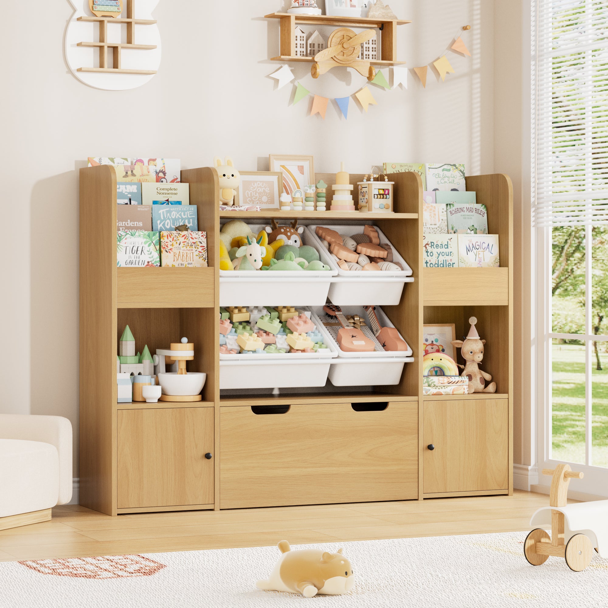 Hiphuta Kids Bookcase Toy Storage Organizer, Wooden Toy Organizer of 4 Bins& 1 Removable Drawers for Home Bedroom, Kids Bookshelf Toy Box with Book Rack, Natural