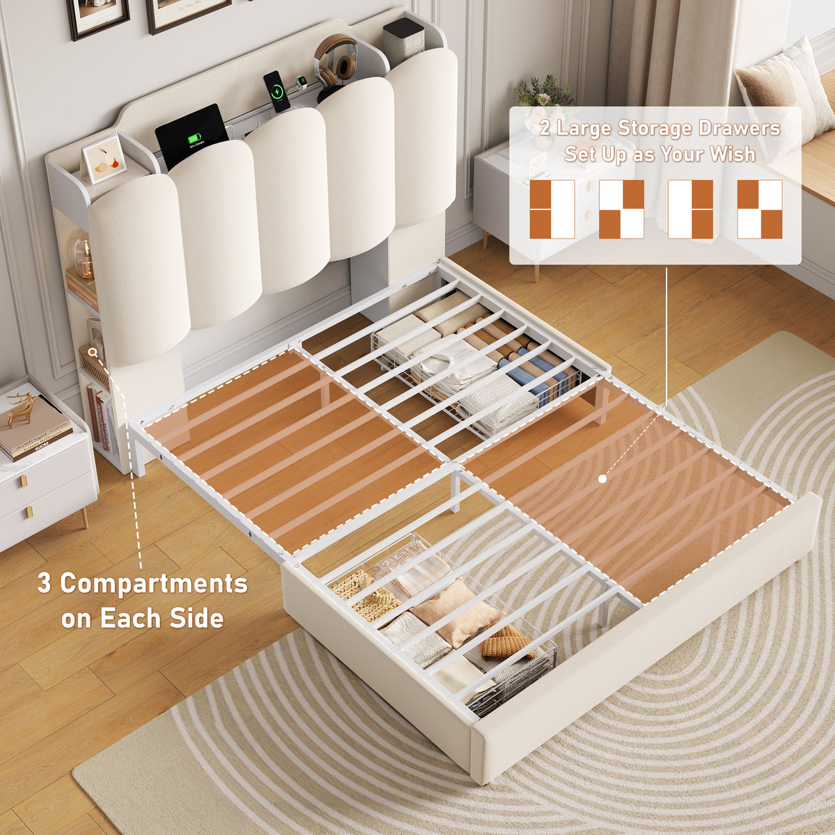 Hiphuta Queen Size Bed Frame with Storage Headboard and Side Storage Shelves, Upholstered LED Platform Bed with 2 Drawers and Charging Station, White