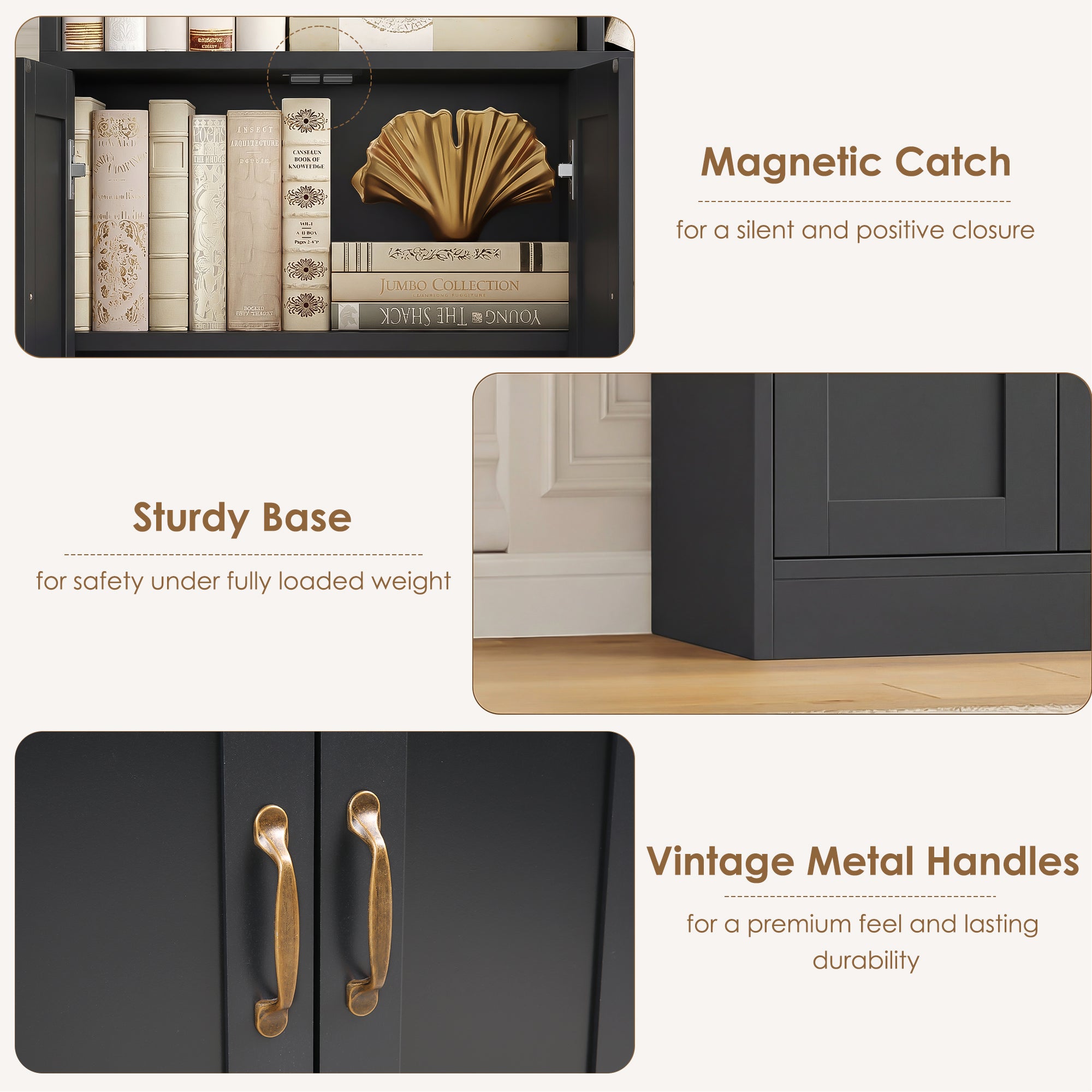 Hiphuta Triple Row 4-tier Bookcase, Large Bookcase with 4 Doors and 2 Drawers, Modern Minimalist Bookcase for Office Living Room, Black