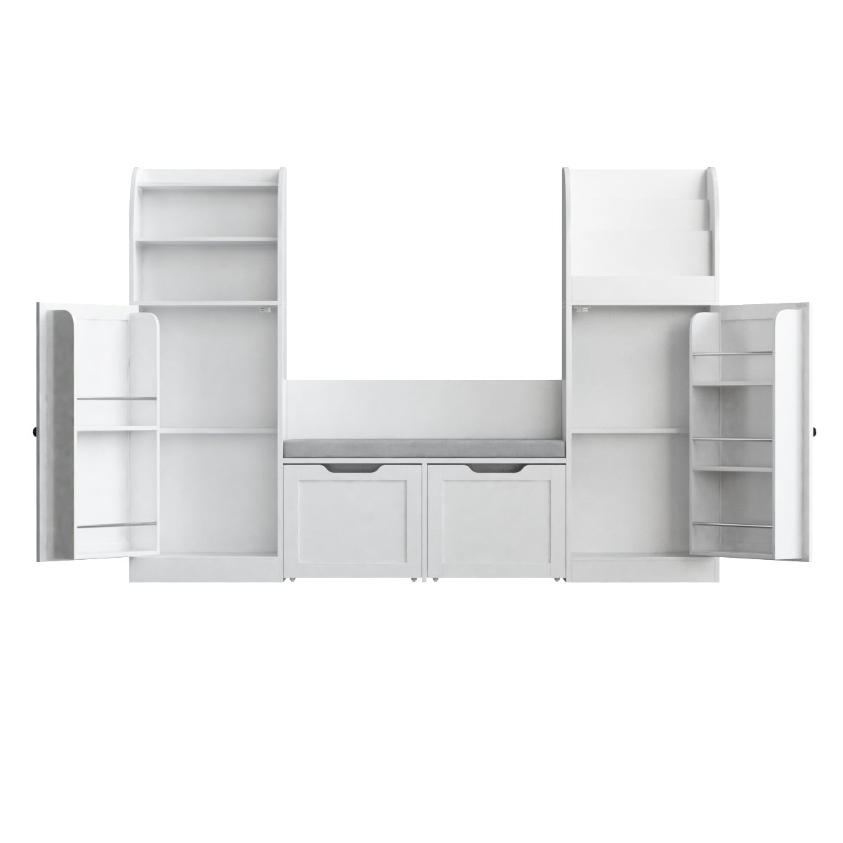 Hiphuta Kid Bookcase with Reading Nook and 2 Door-Mounted Shelves, Toy Storage Organizer with Cushioned Bench and Drawers, for Children's Bedroom Playroom, White