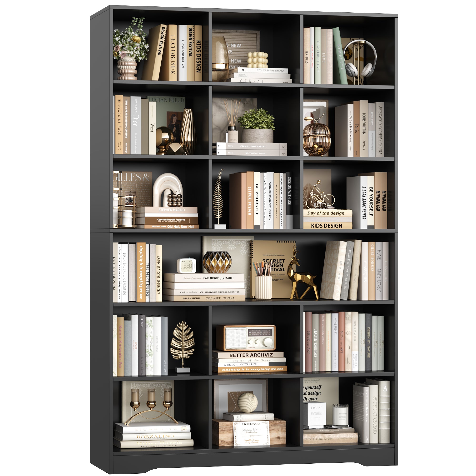 Hiphuta 75"Tall Bookcase with Storage, 6 Tier Wooden Bookshelf with Doors for Living Room, 47"Wide Wood Display Shelves with Book Storage Cabinet for Home Office Entryway, Black