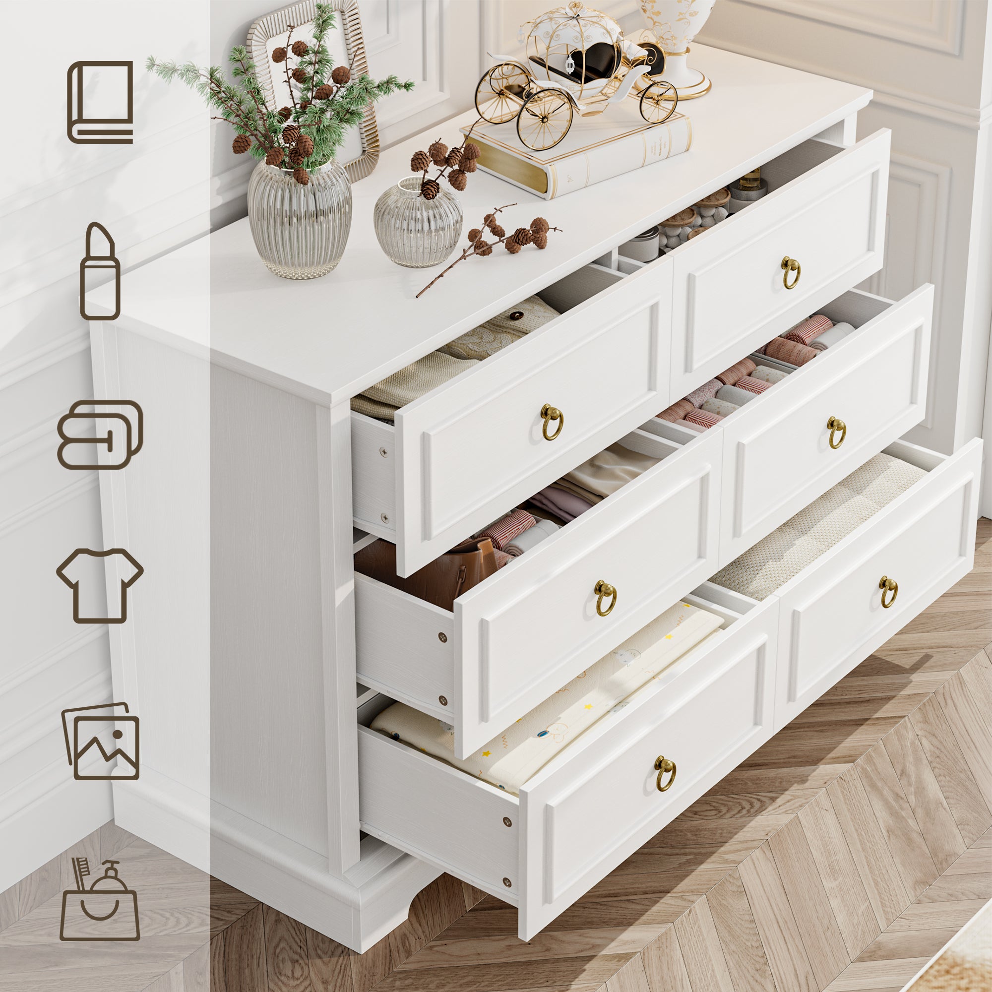 Hiphuta Modern 6 Drawer Dresser for Bedroom with Metal Handle, Large Double Dresser Organizer, Wood Chest of Drawers, White