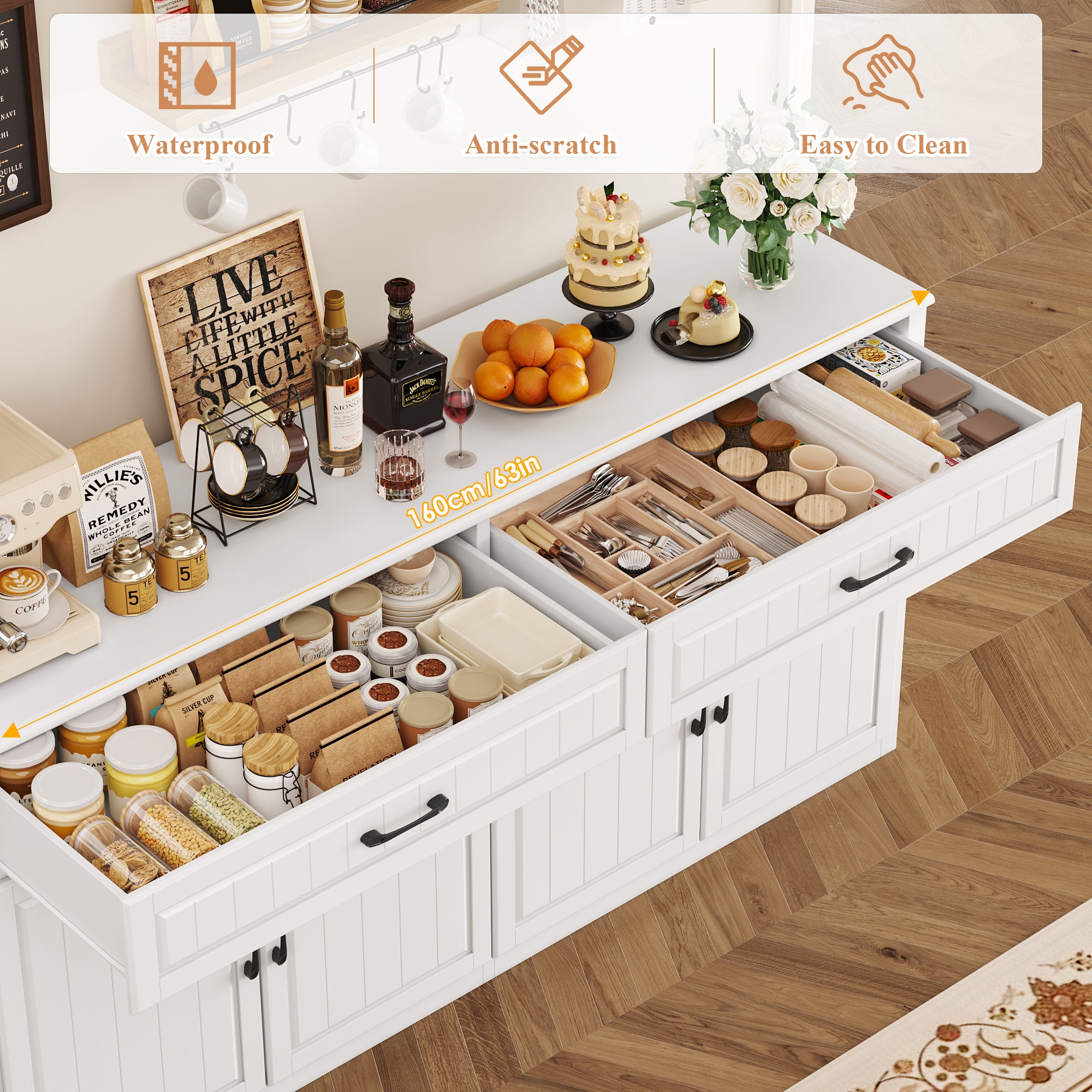 Hiphuta 53.7" Large Sideboard, Wooden Cabinet with 6 Drawers, Floor Cabinet Cupboard with Brown Top, White