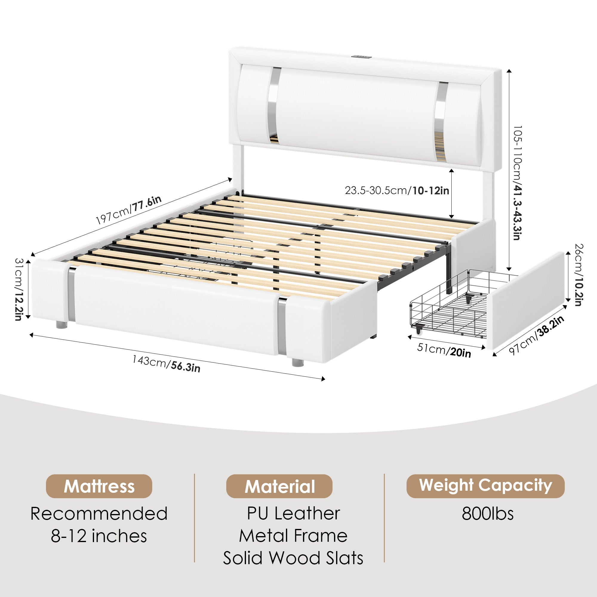 Hiphuta Full Bed Frame with Adjustable Headboard & LED lights, Modern Upholstered Faux Leather Smart Platform with USB Charging Ports & 2 Drawers, White