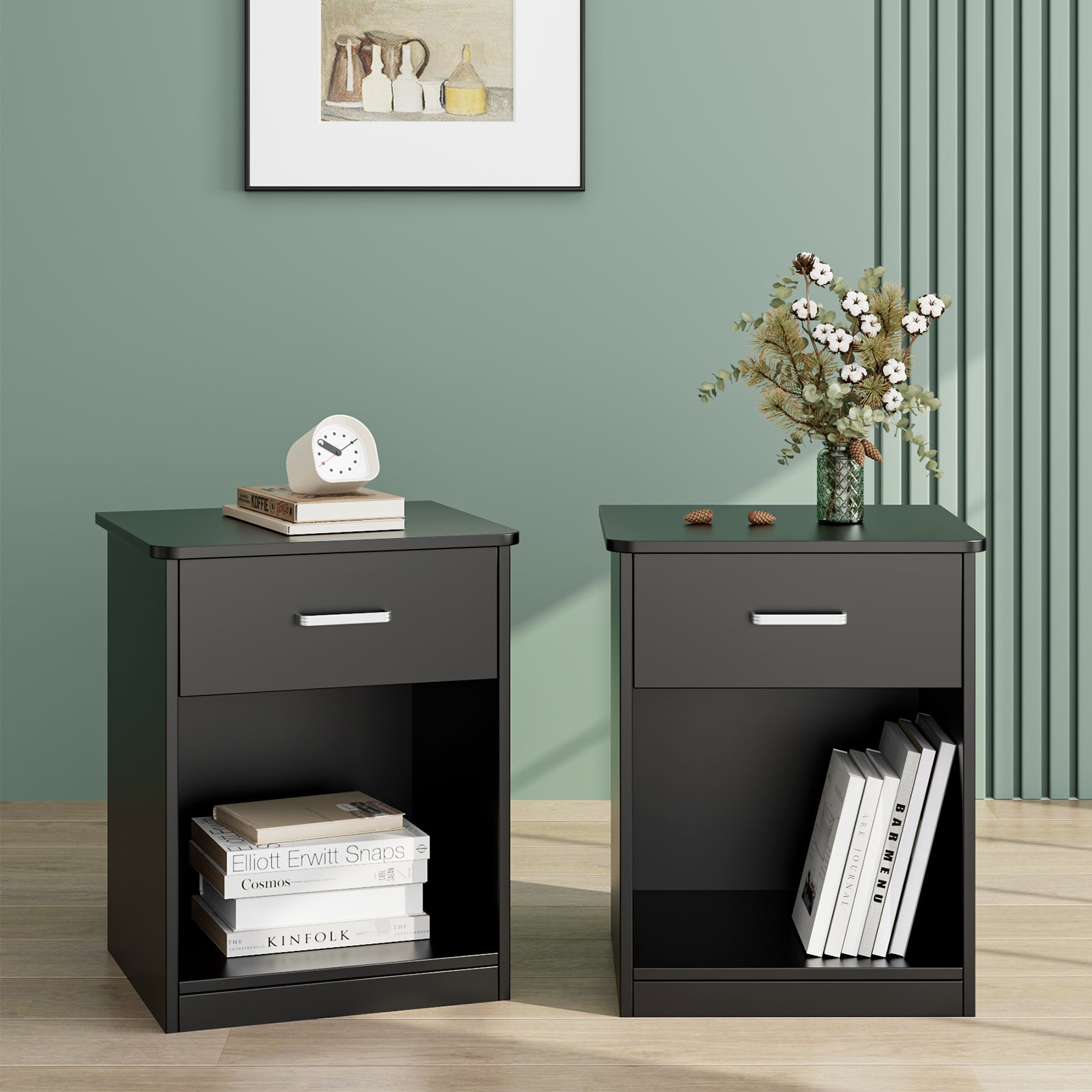 Hiphuta Set of 2 Nightstand with 1 Drawer & Open Shelf, Wood Bedside Table for Home Living Room Bed Room, Black