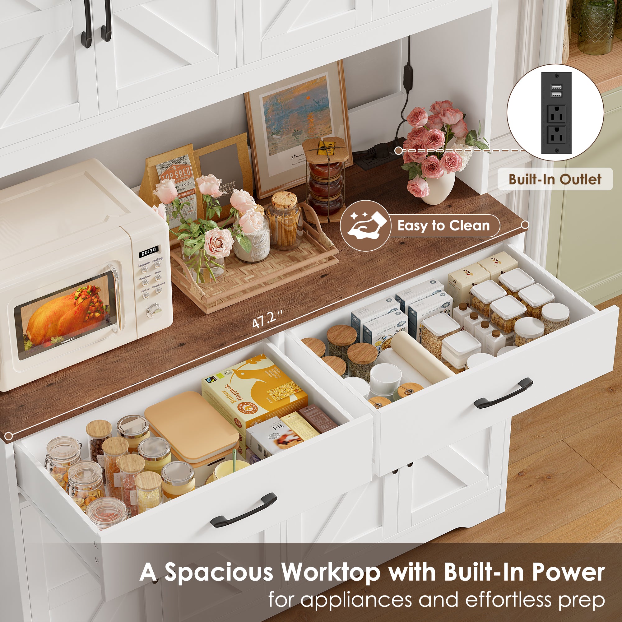Hiphuta 71" Tall Kitchen Pantry Storage Cabinet with RGB LED and 6 Metal Hooks, Farmhouse Coffee Bar Cabinet with Charging Station, Buffet with Hutch and Microwave Stand, White