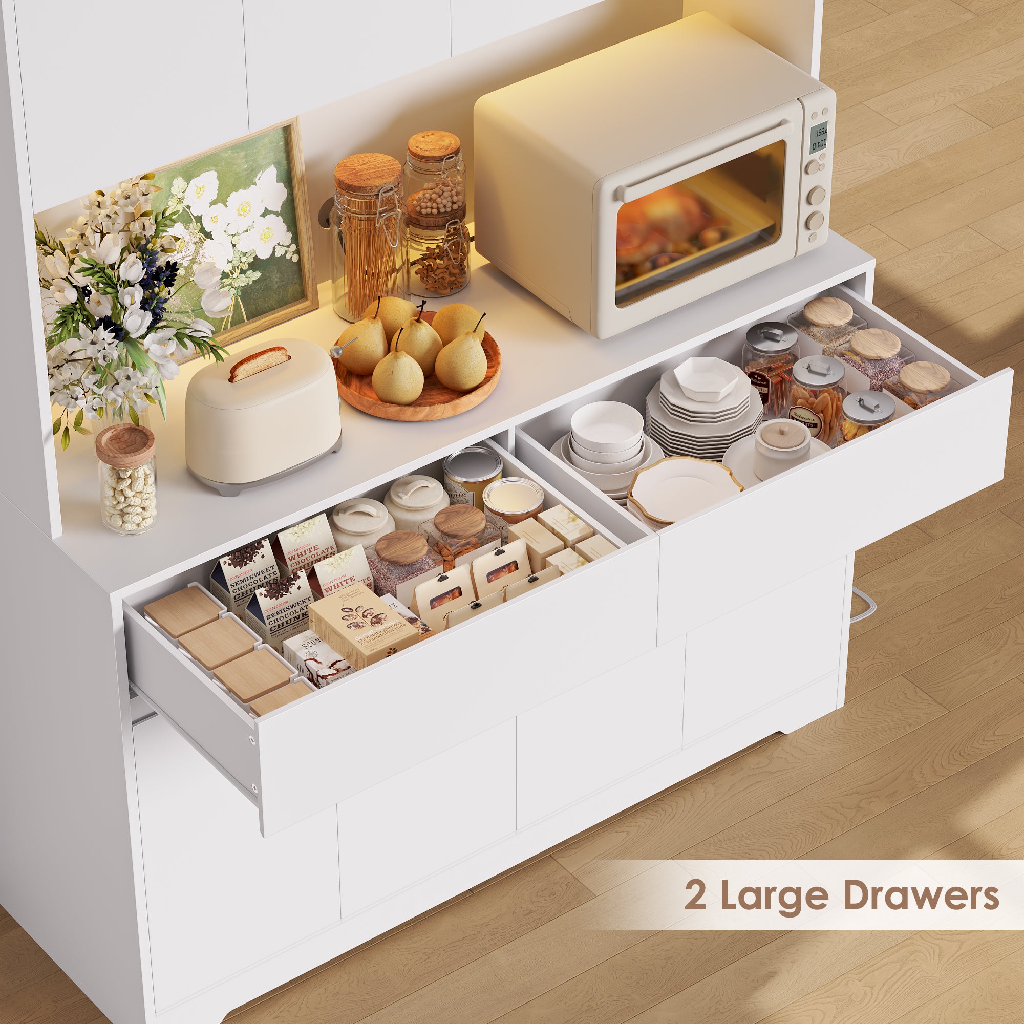 Hiphuta 71"Tall Modern Pantry Cabinet with Charge Station & Led Light, Freestanding Kitchen Hutch Cabinet for Dining Room, White