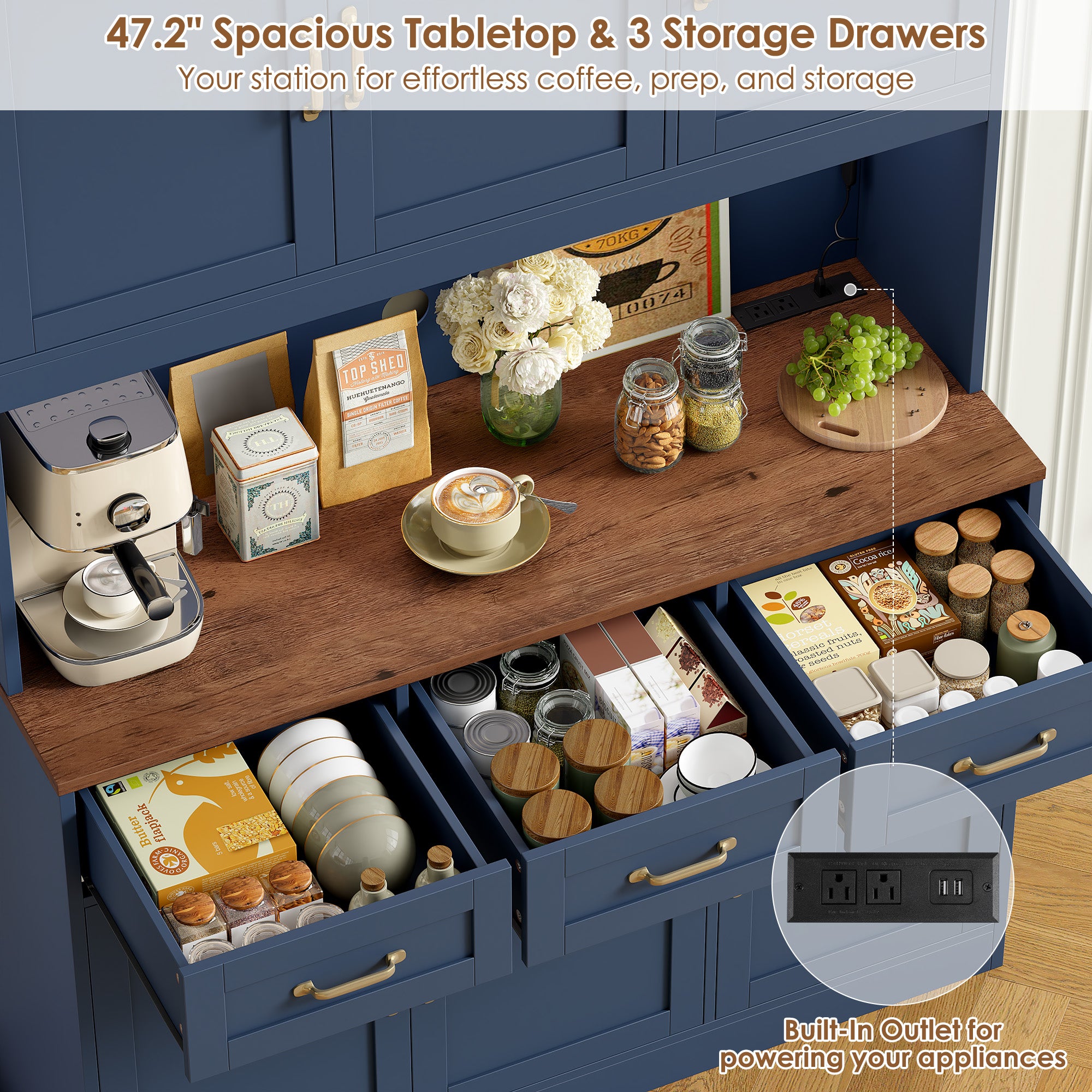 Hiphuta 72" Tall Kitchen Pantry Storgae Cabinet with RGB LED, Hutch Cabinet with Charging Station and Adjustable Shelves for Dining Room, Blue