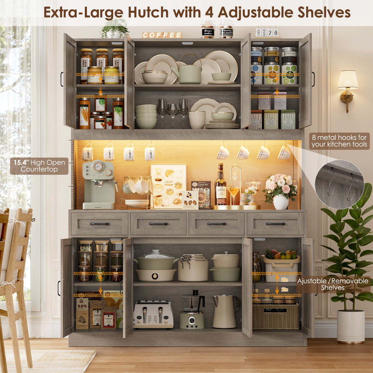 Hiphuta 59" Wide Kitchen Pantry Cabinet with 8 Doors and 4 Drawers, Extra Large Hutch Cabinet with RGB LED and Charging Station, Coffee Bar with 4 Adjustable Shelves, Gray