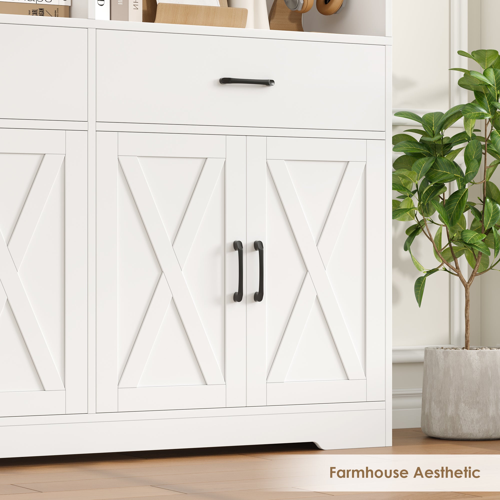 Hiphuta Bookcase with 3 Drawers, Large Farmhouse Bookshelf and Bookcase with Cabinet, White