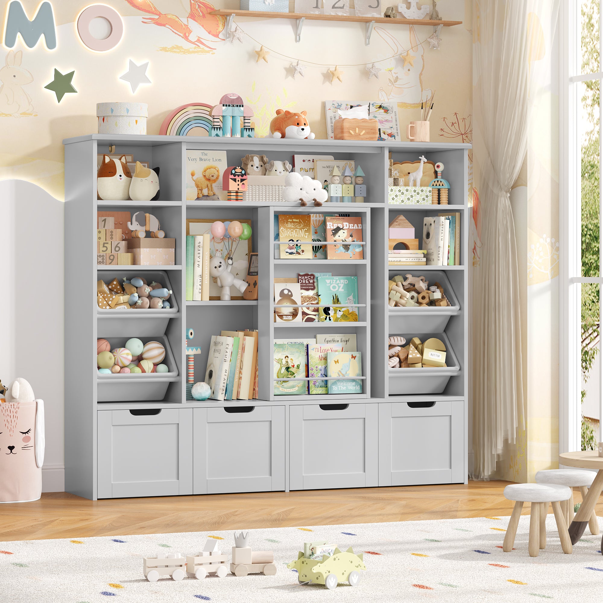Hiphuta Kid Toy Storage with Bookshelf, Kid Toy Organizer with 4 Removable Drawers, Kid Bookcases with Toy Box for Kid Bedroom Playroom, Gray
