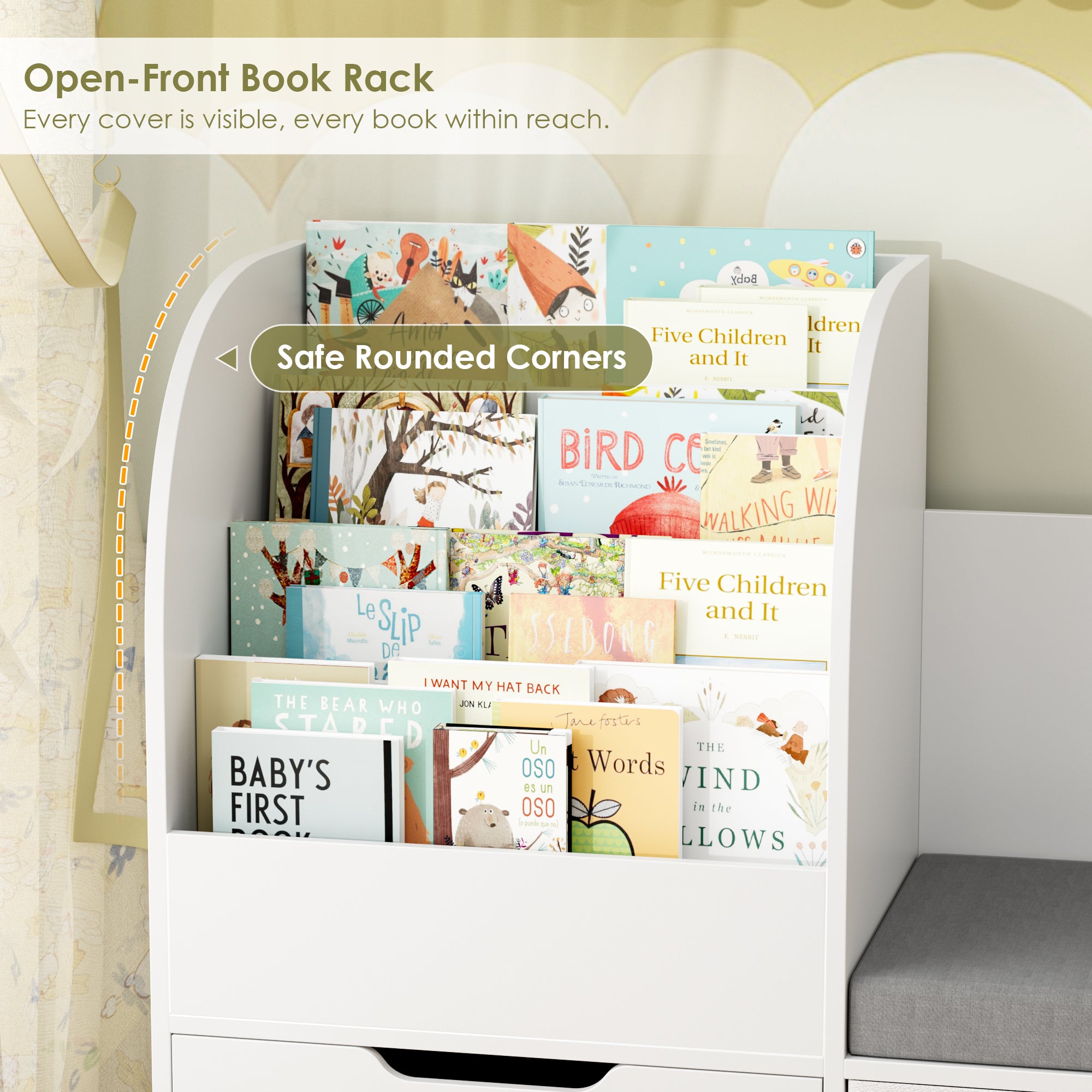 Hiphuta 71" Wide Kids Bookcase with Reading Nook, Large Toy Storage Organizer with 5 Drawers and Seat Cushion, White