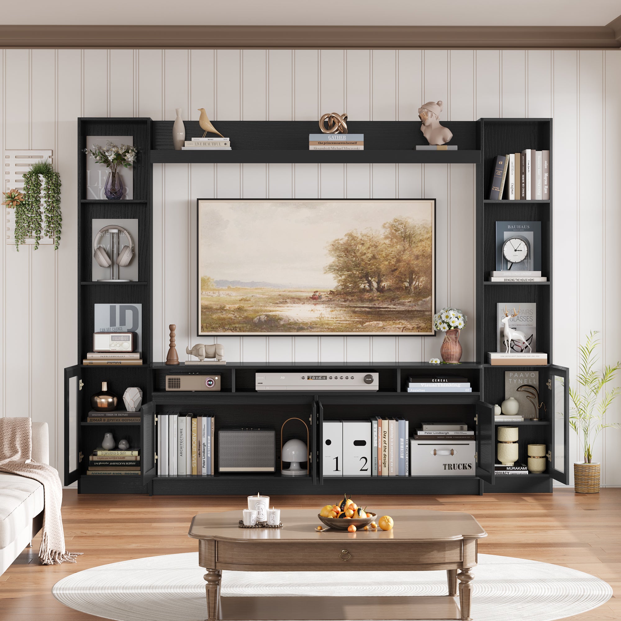 Hiphuta 79" W Wall Unit Entertainment Center for TVs up to 65", Farmhouse Wall Unit TV Stand with Bookshelves and Cabinet, Entertainment Center with LED Lights for Living Room, Black