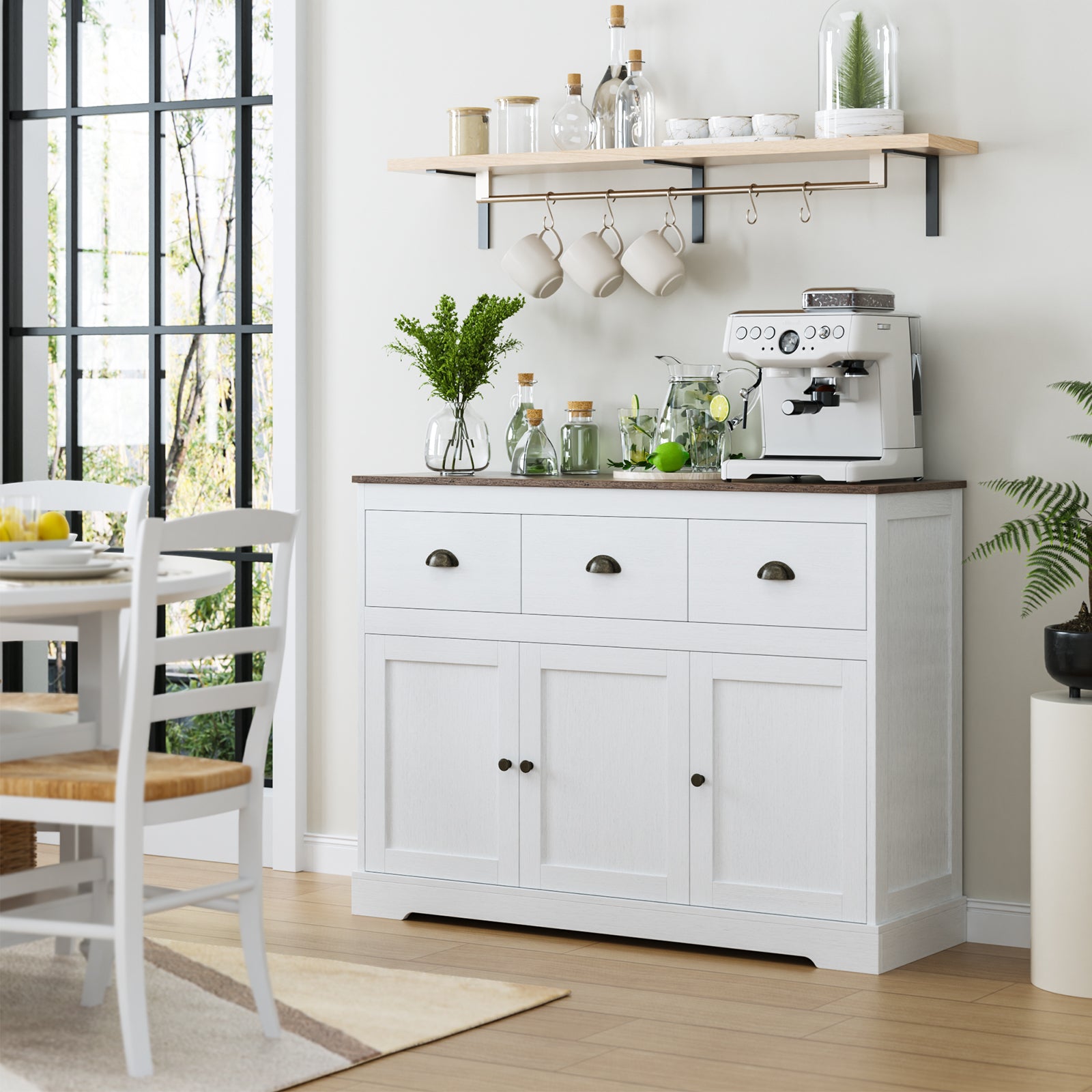 Hiphuta Sideboard Storage Cabinet with 3 Drawers & 3 Doors, 47.2 W Buffet Cabinet with Adjustable Shelves, OFF-White