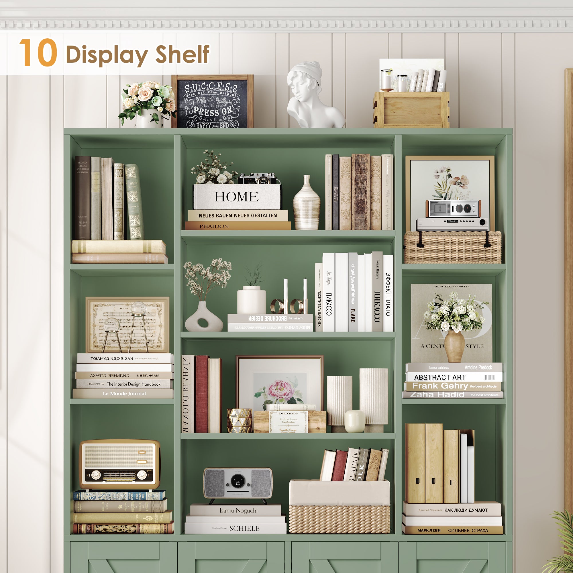 Hiphuta 75" Tall Modern Bookcases with 2 Double Door Cabinet, 47"Wide Wooden Storage Bookshelf for Living Room Home Office Entryway, Green