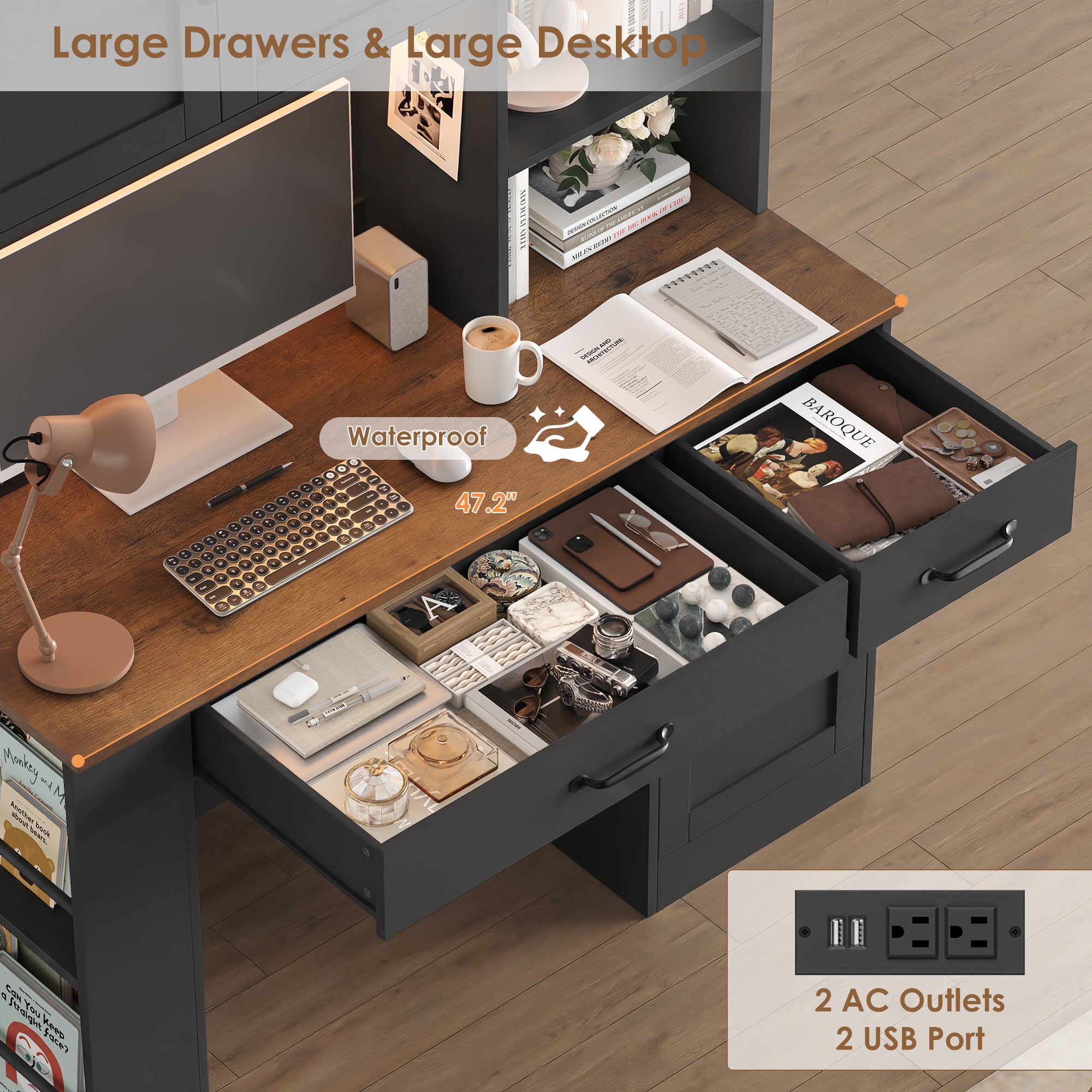 Hiphuta Executive Desk with Hutch & Power Outlets, Wood Writing Study Table with Adjustable Shelves, Home Office Computer Desk with Drawers, Black