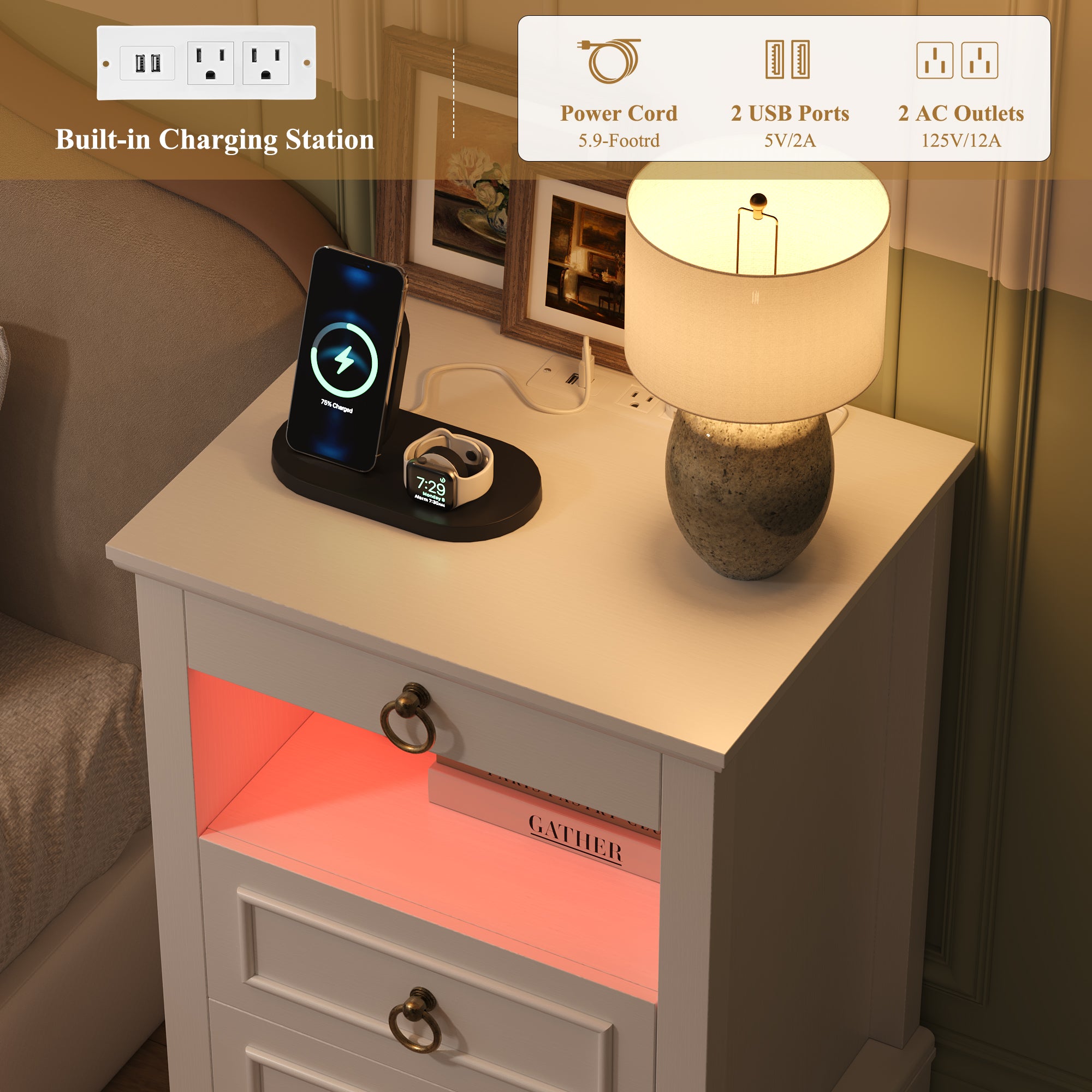 Hiphuta RGB LED Nightstands Set of 2, 3-Drawer Sofa Tables with Charging Station and Retro Handles, for Bedroom Living Room, White