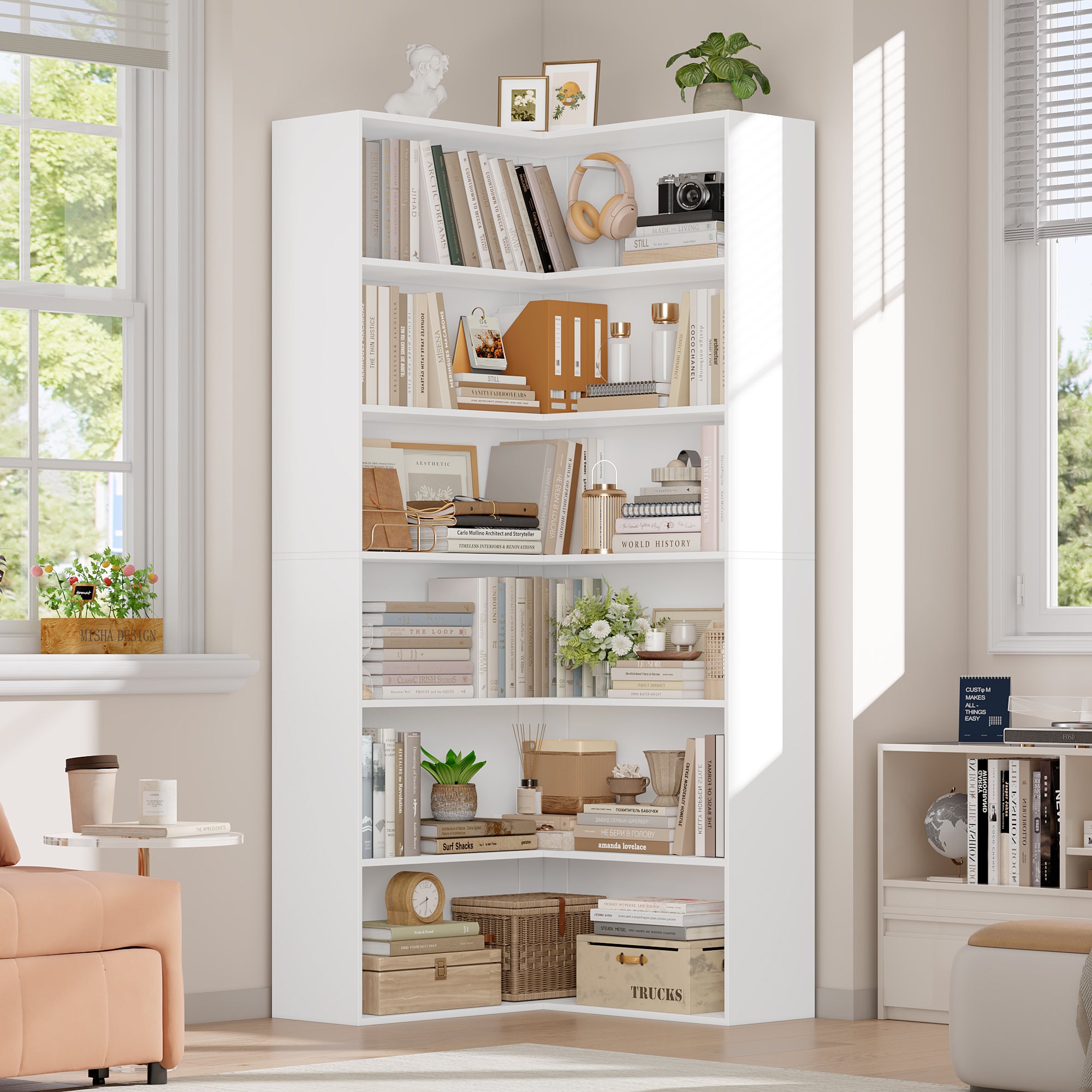 Hiphuta 74" Tall Corner Bookcase, Modern 6-Tier Corner Wooden Bookshelf, Minimalist L-Shaped Bookcase for Office Living Room, White