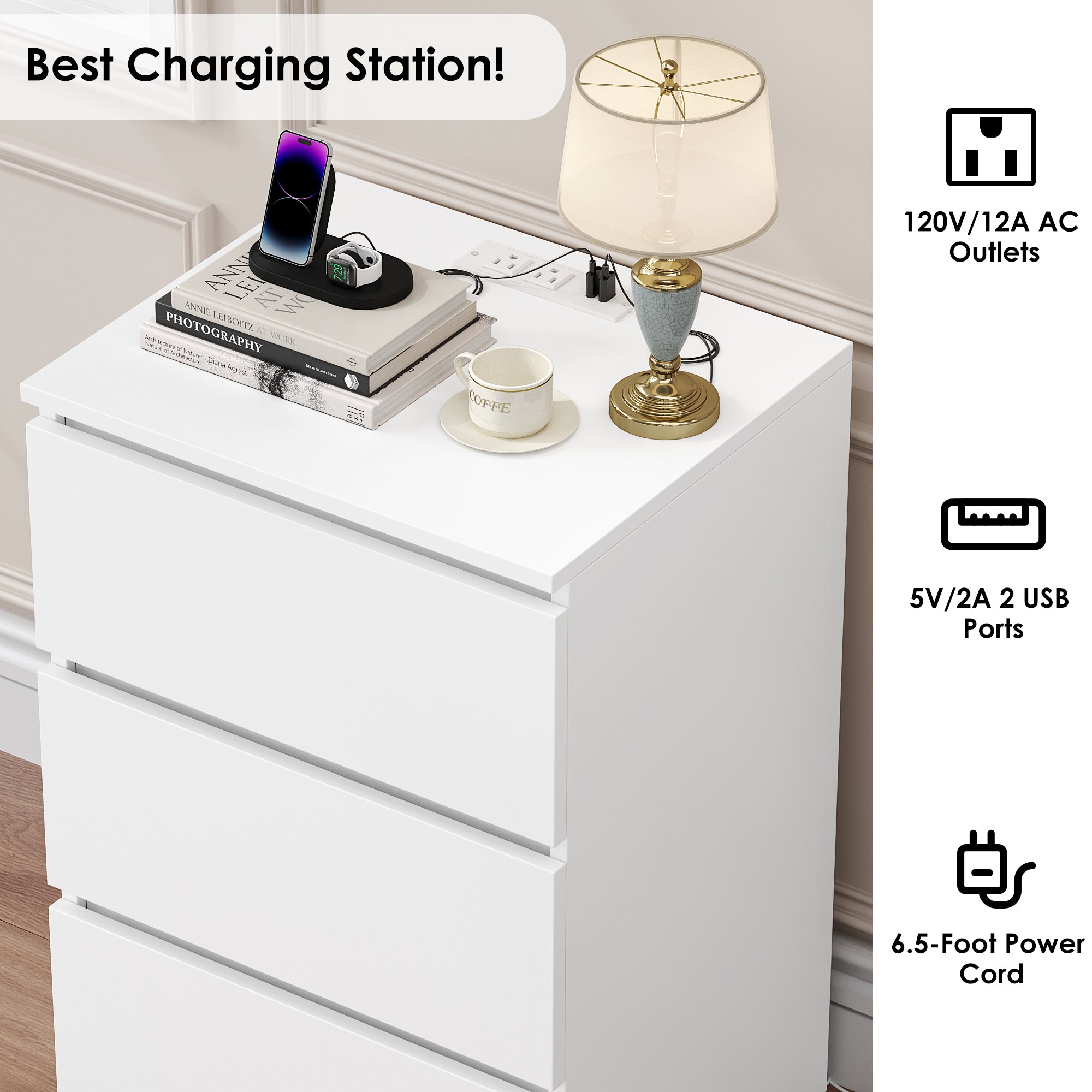 Hiphuta Set of 2 Nightstand with 3 Drawers, 2 Outlets & 2 USB Port, Wooden Nightstand for Bedroom, White