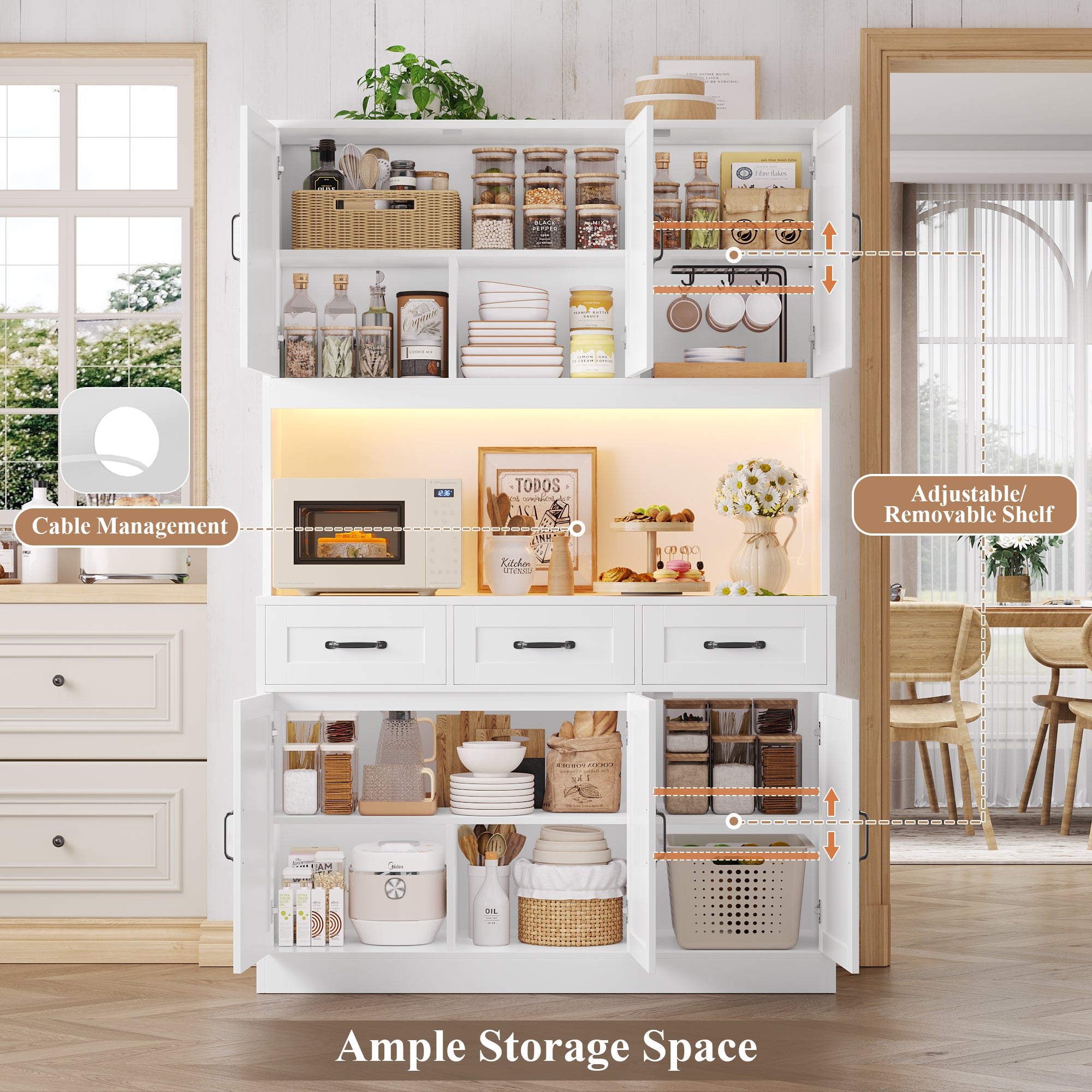 Hiphuta 72" Tall Kitchen Pantry Storgae Cabinet with RGB LED, Hutch Cabinet with Charging Station and Adjustable Shelves for Dining Room, White