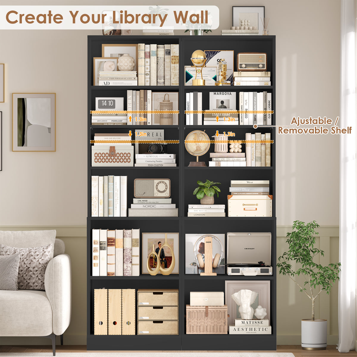 Hiphuta 73 in Tall 6-Tier Bookcase, 22" Wide Bookcase with Adjustable Shelf, Modern Minimalist Bookshelf for Home Office, Living Room, Black