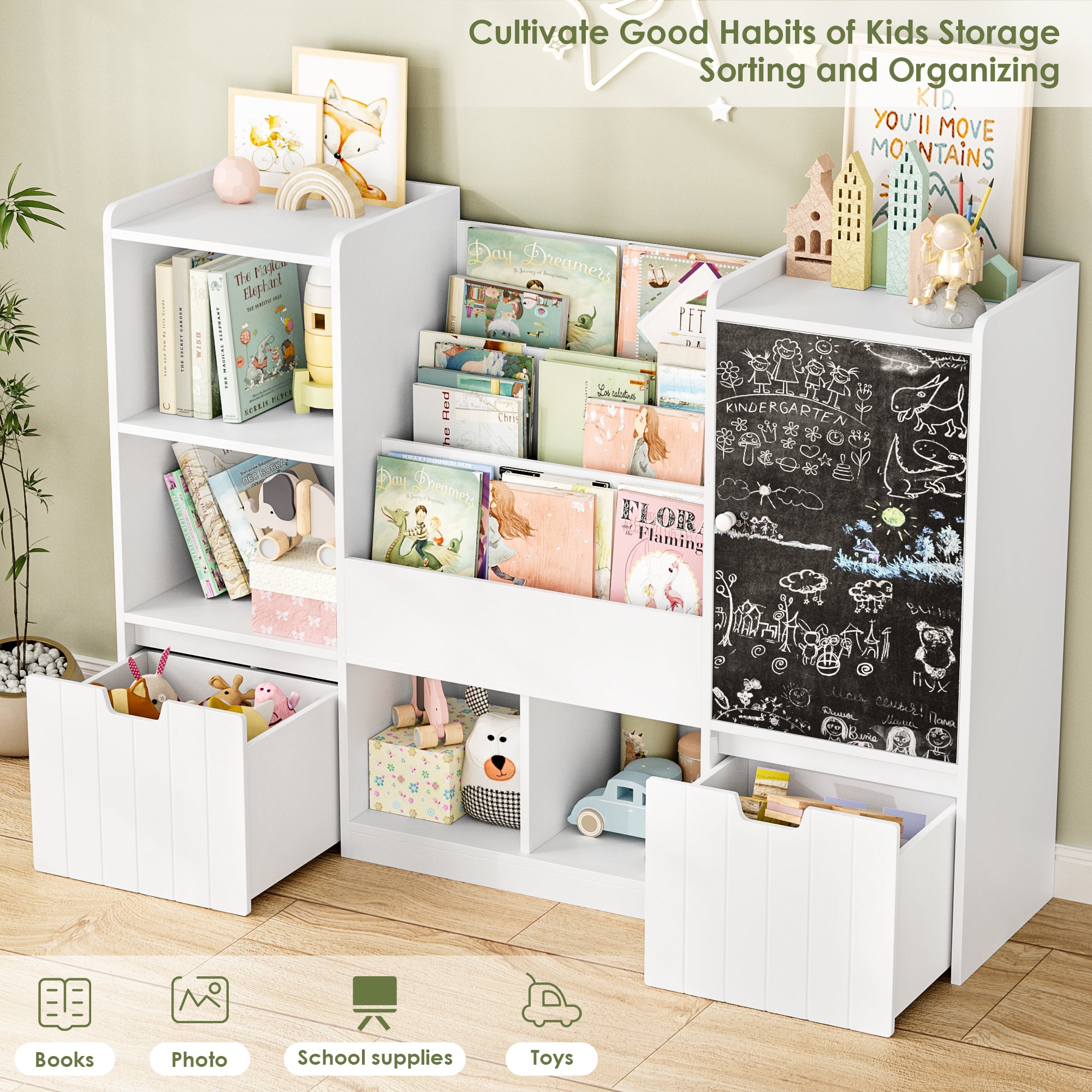 Hiphuta Kid’s Toy Storage Organizer, Wood Toy Organizer of 6 Bins & 3 Removable Drawers, Children's Bookcase, White