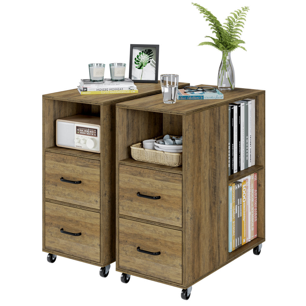 Hiphuta Movable End Side Table with 2 Drawers & Adjustable Shelf, Narrow Bedside Table, Rustic Brown