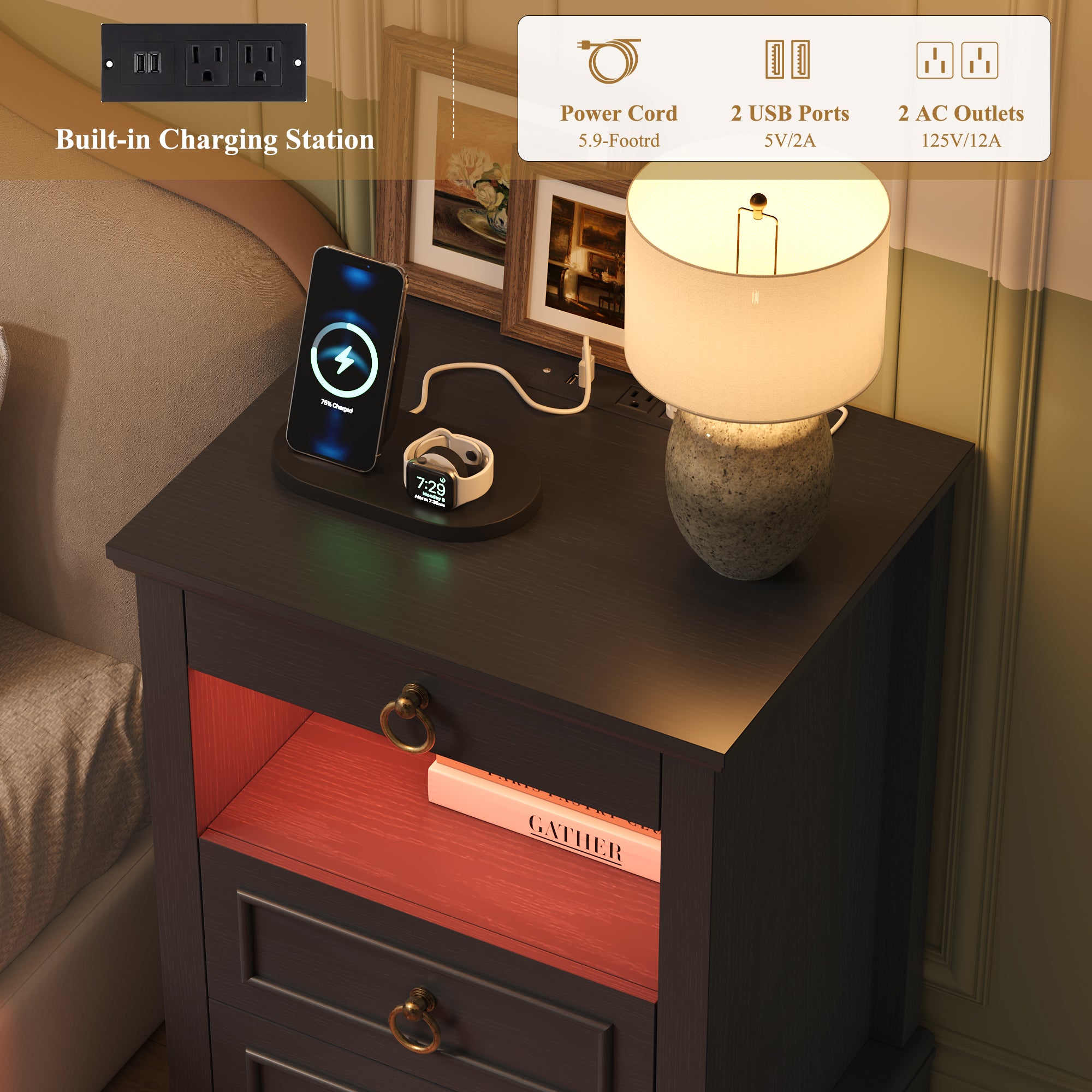 Hiphuta RGB LED Nightstands Set of 2, 3-Drawer Sofa Tables with Charging Station and Retro Handles, for Bedroom Living Room, Black