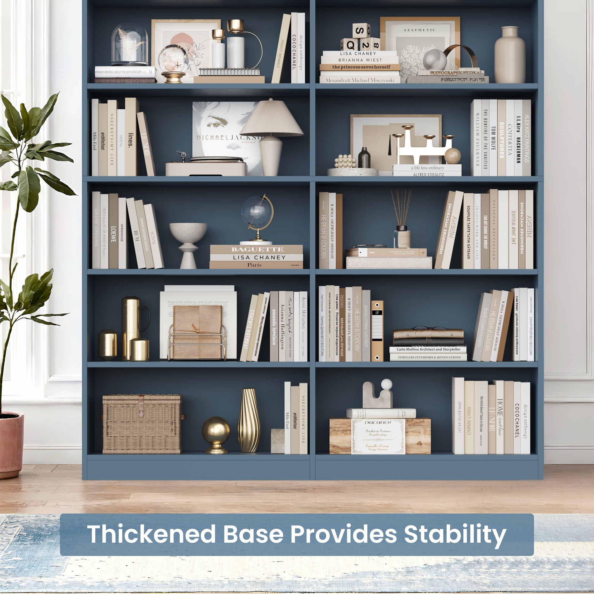Hiphuta 83.6"H x 47.2"W Wood Double 7-Tier Standard Bookcase, Tall Bookcase for Bedroom, Living Room and Office, Freestanding Display Storage Shelves, Blue