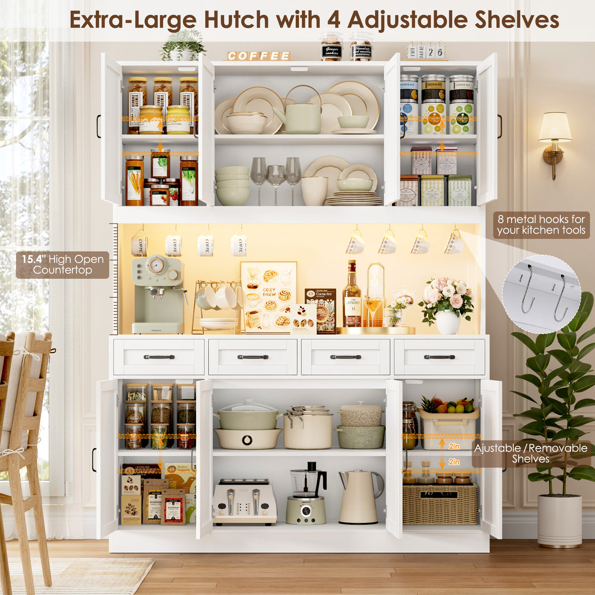 Hiphuta 59" Wide Kitchen Pantry Cabinet with 8 Doors and 4 Drawers, Extra Large Hutch Cabinet with RGB LED and Charging Station, Coffee Bar with 4 Adjustable Shelves, White