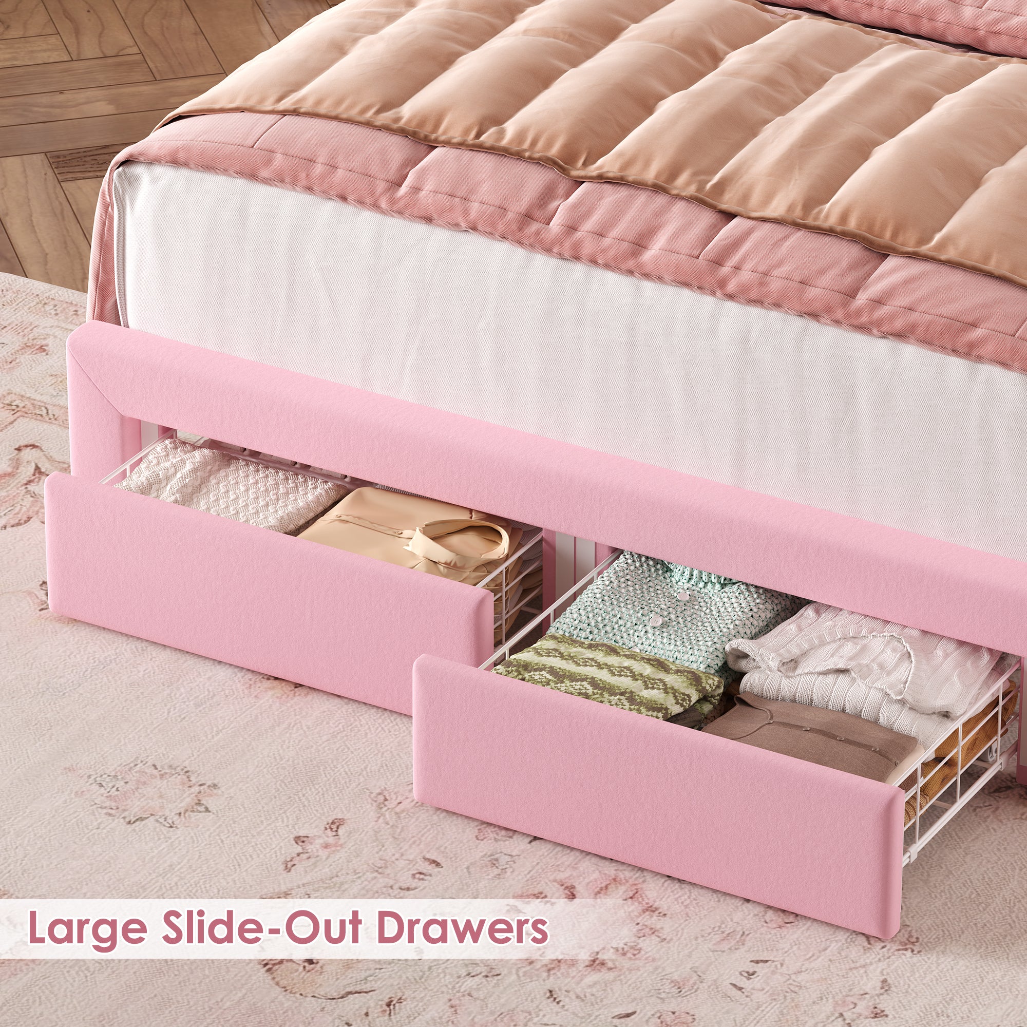Hiphuta Full Size Bed Frame with RGB LED and Power Outlets, Velvet Upholstered Platform Bed with Drawers and Side Storage, Pink