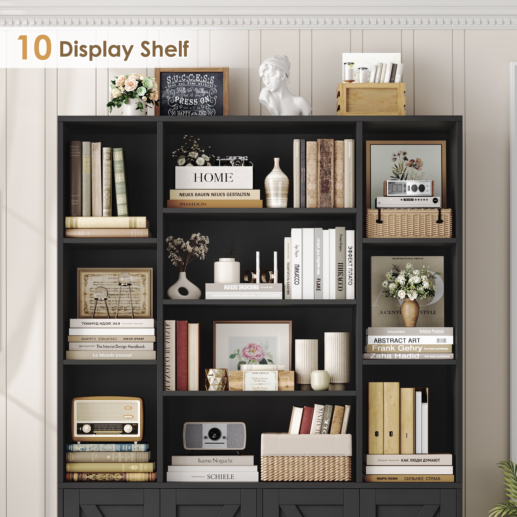 Hiphuta 75" Tall Modern Bookcases with 2 Double Door Cabinet, 47"Wide Wooden Storage Bookshelf for Living Room Home Office Entryway, Black