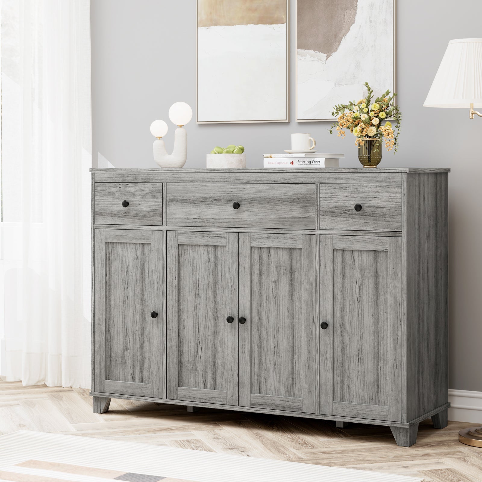 Hiphuta 47.2"W Buffet Sideboard, Wooden Storage Cabinet with 3 Drawers & 4 Doors, Wide Buffet Cabinet, Gray