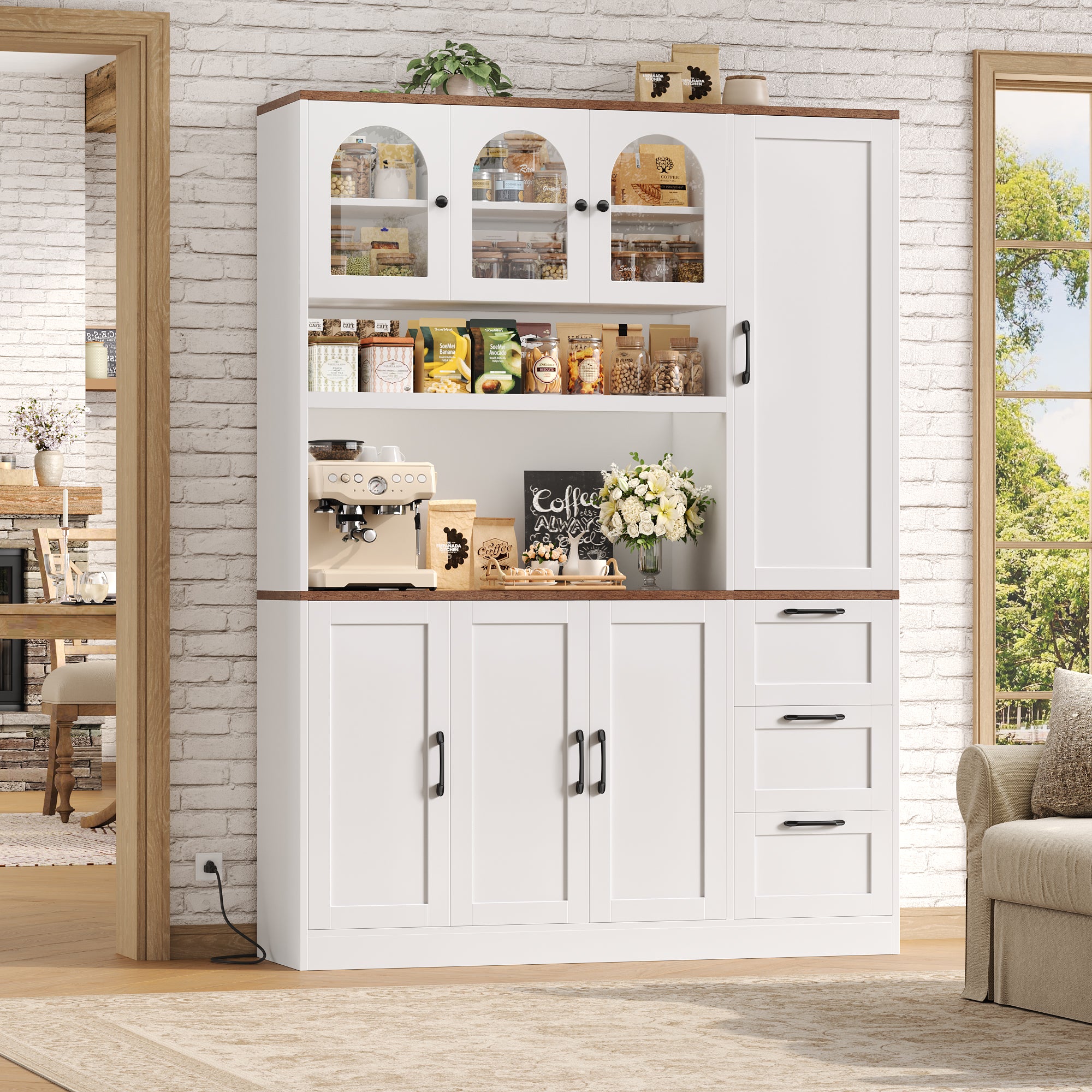Hiphuta 75" Tall Kitchen Pantry Storage Cabinet, Freestanding Kitchen Hutch with 7 Doors and 3 Drawers for Dining and Living Room, White