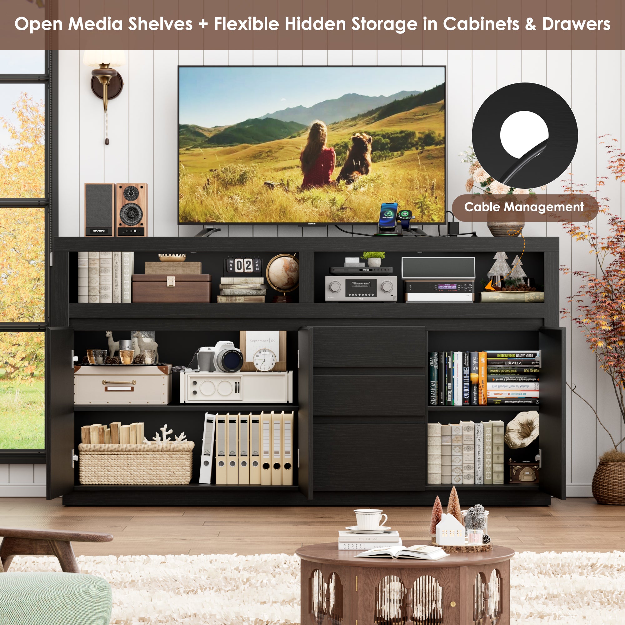 Hiphuta Farmhouse TV Stand with RGB LED, Modern Entertainment Center with Doors and Drawers, Black