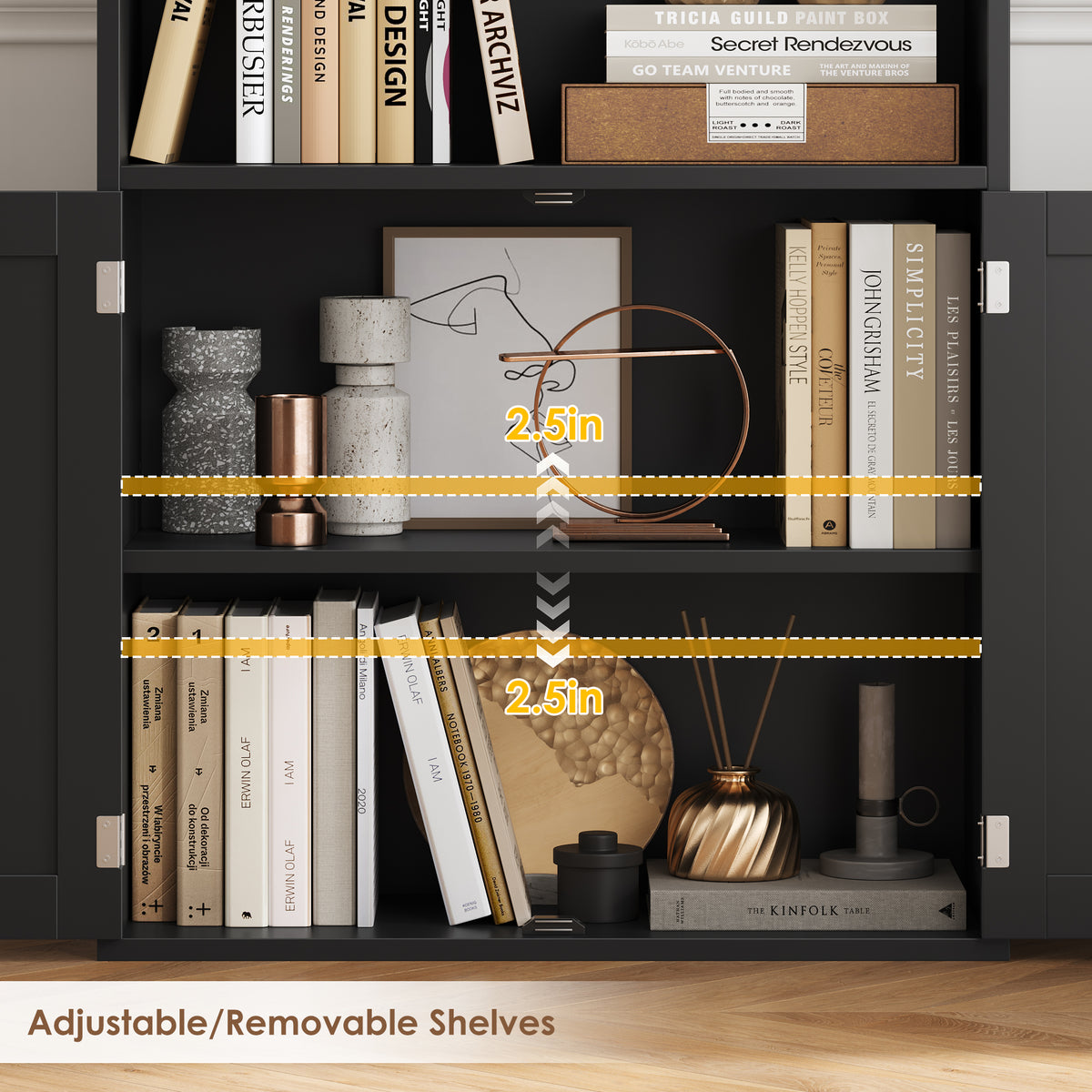 Hiphuta 81.5" Tall Bookcase with Doors, 5-Tier Bookshelves with Storage, 23.6"W Display Shelf with 2 Doors for Home Office, Living Room, Black