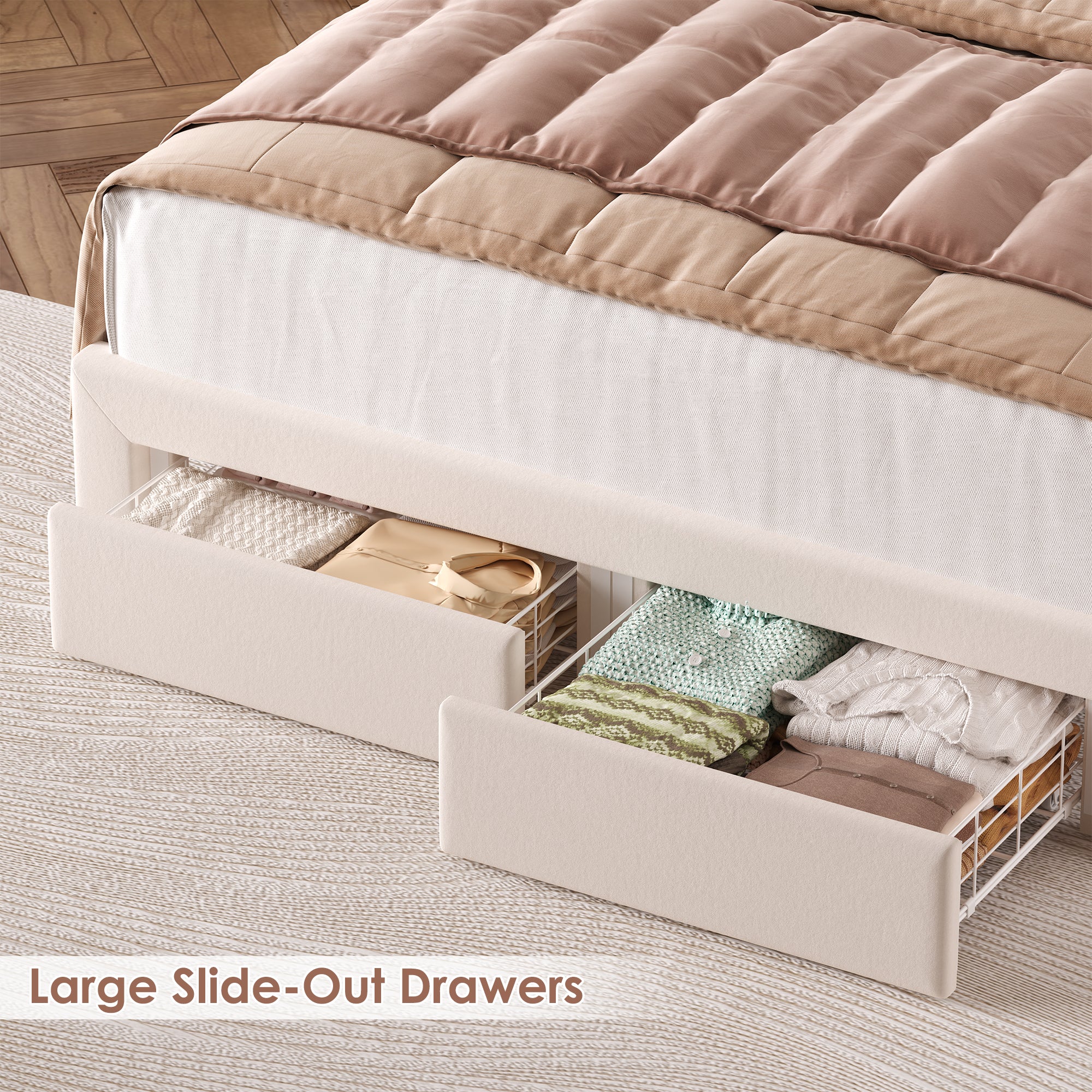 Hiphuta Queen Size Bed Frame with RGB LED and Power Outlets, Velvet Upholstered Platform Bed with Drawers and Side Storage, White