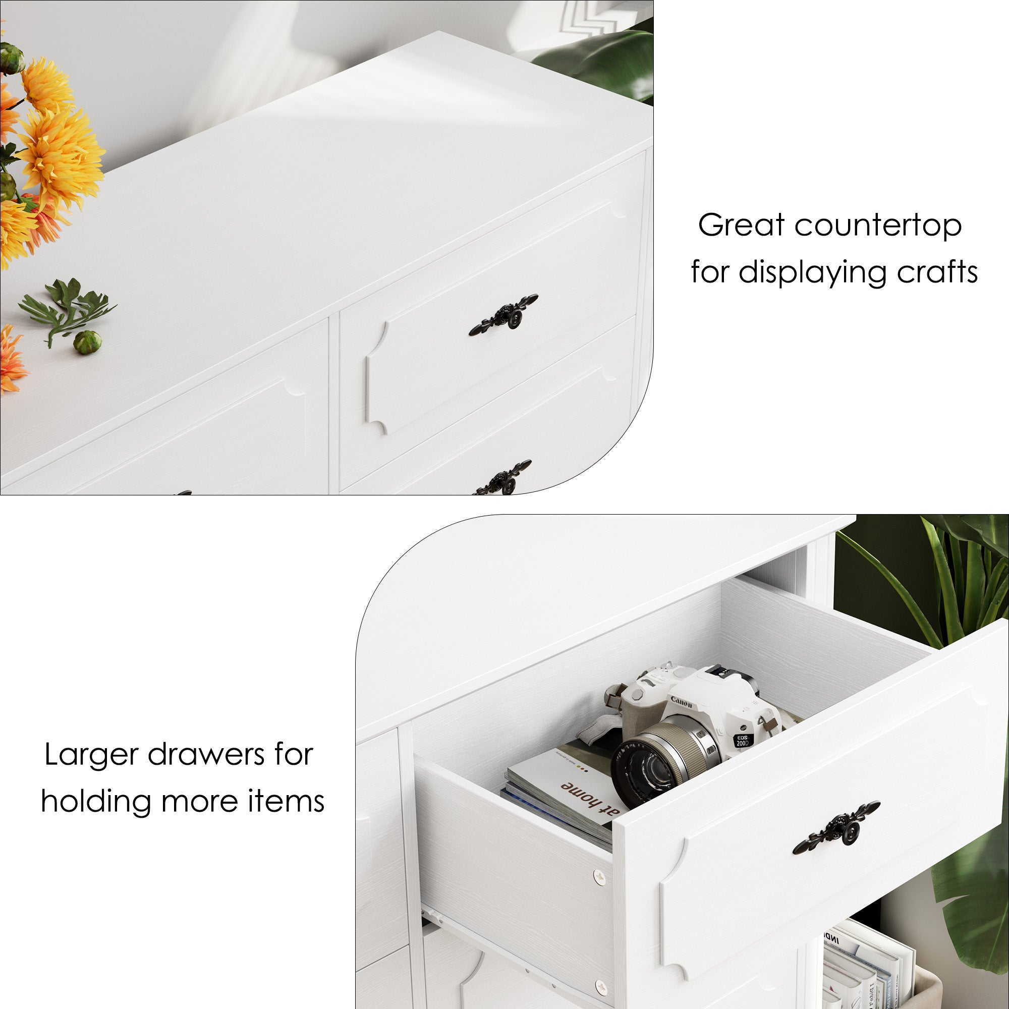 Hiphuta 47'' Wide Vintage 8 Drawer Double Dresser, Chest of Drawers for Bedroom, White