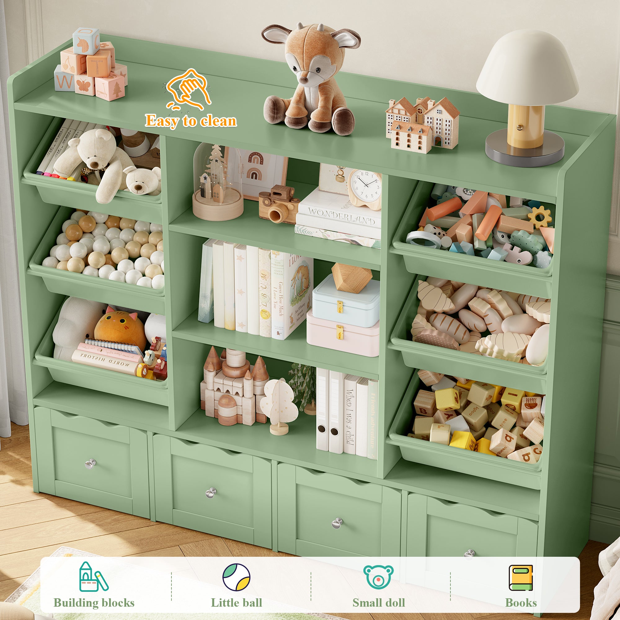 Hiphuta 55" Wide Toy Storage Organizer with 4 Removable Drawers, 4-Tier Kid Bookcase with 6 Bins, Toy Organizer with Bookcase for Kid Bedroom Playroom, Green