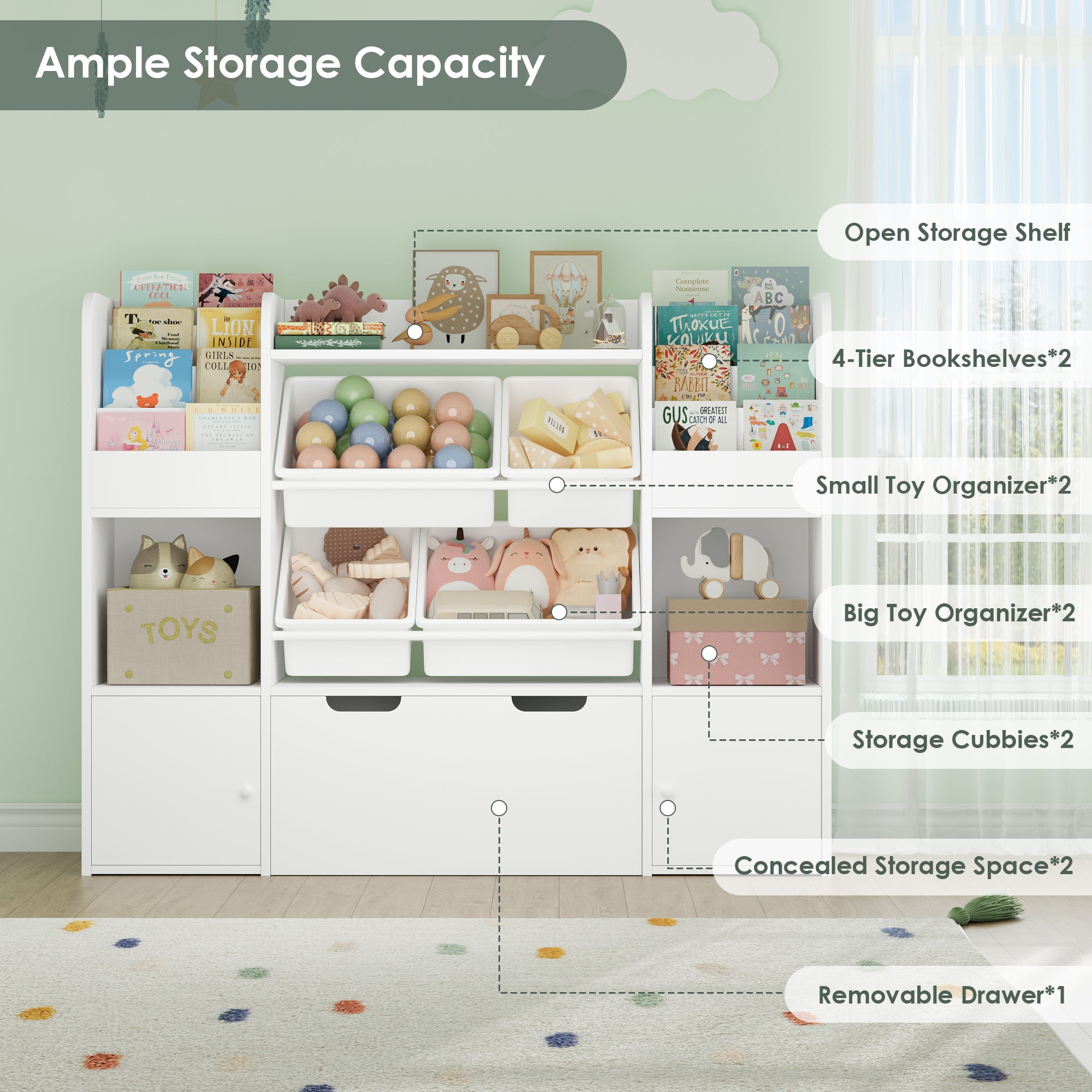 Hiphuta Kid Storage Toy Organizer, Wood Toy Storage Organizer with 4 Toy Boxes, Kids Bookcase with Book Rack, White