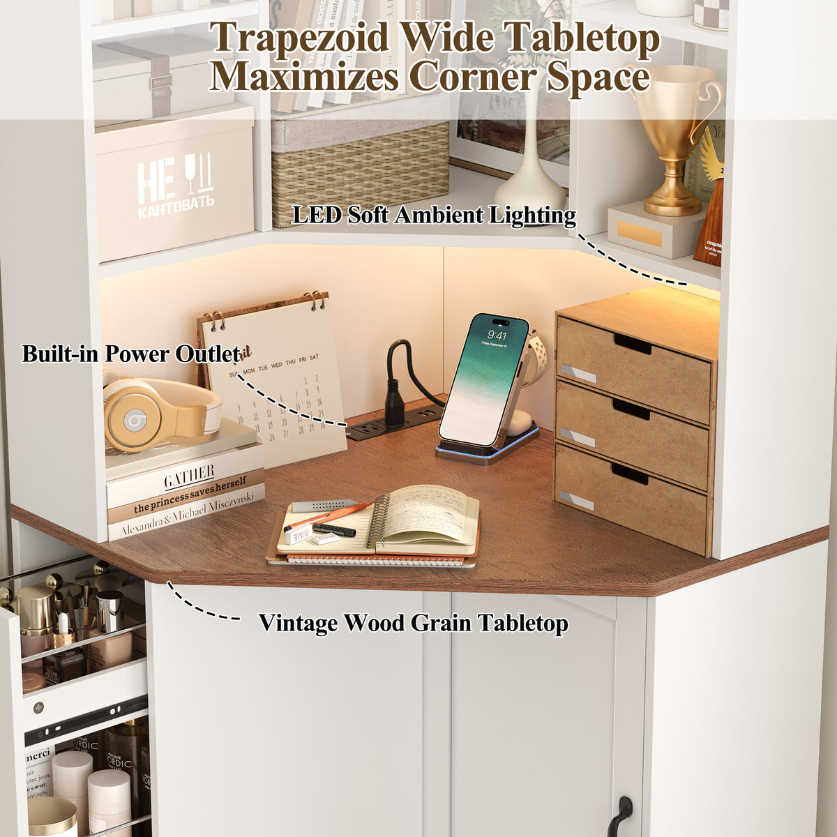 Hiphuta 71" Tall Corner Bookcase with Pull-out Storage Rack, LED Corner Bookshelves with Door and Desktop, and Corner Vanity Cabinet for Home Office Bedroom, White