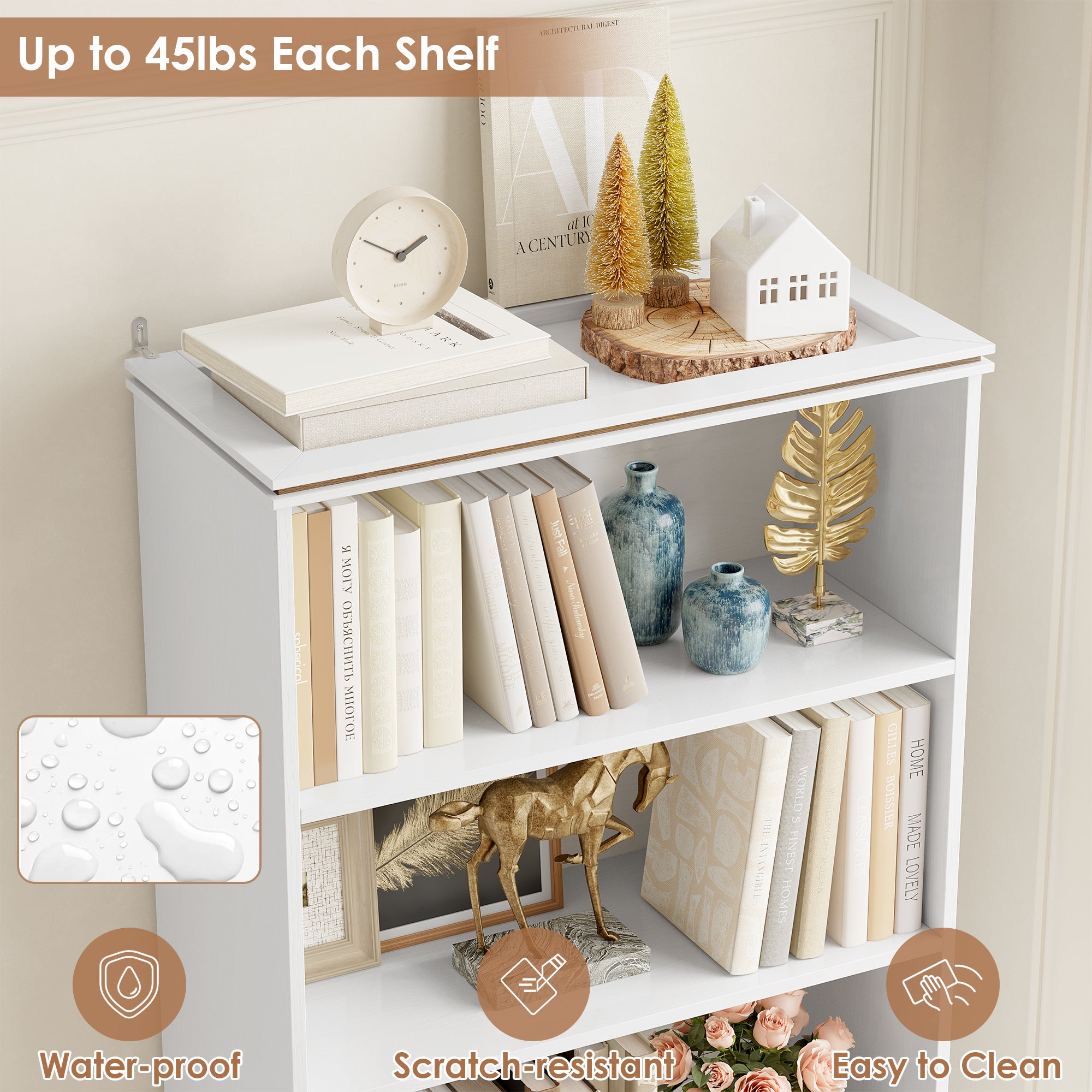 Hiphuta Bookcase with Doors, 73"Tall bookshelves with Storage, 4 Shelves Display Bookcase, 47"W Narrow Bookshelf with 2 Doors for Home Office and Living Room, White