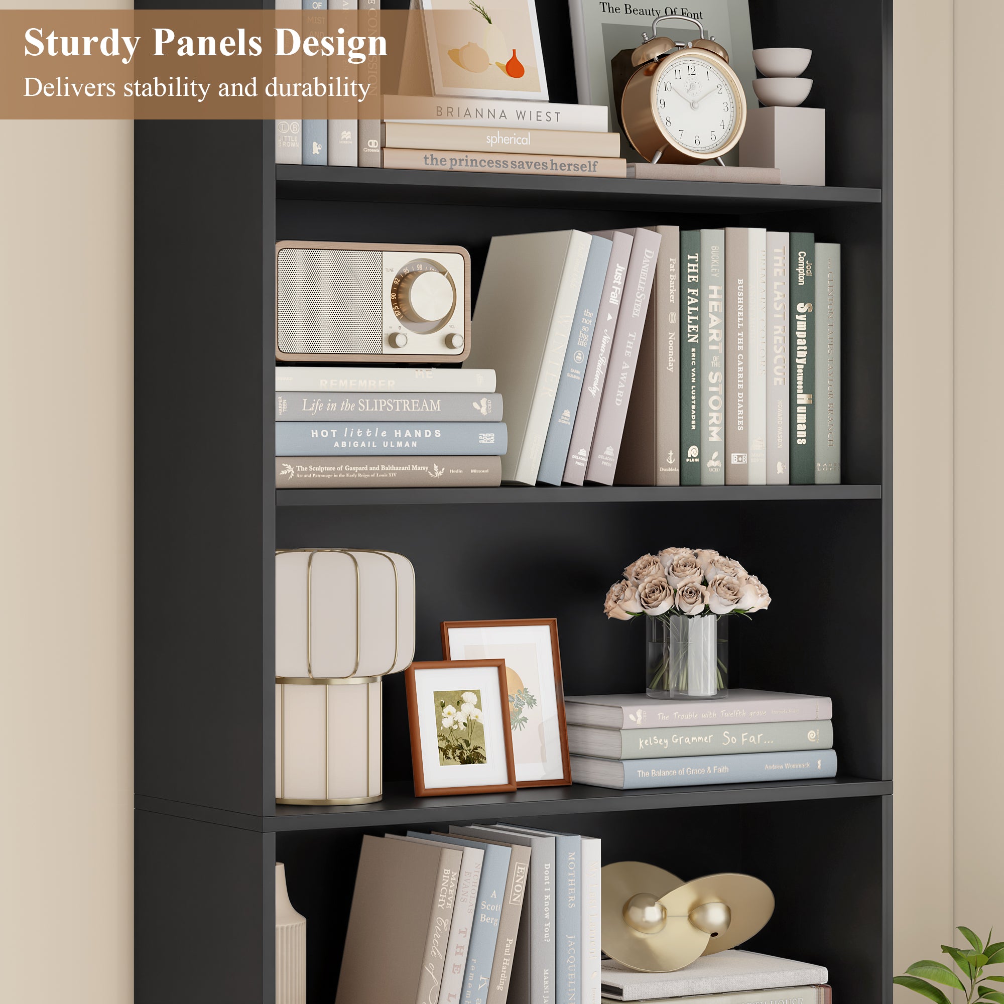 Hiphuta 73" Tall 6 tier Bookcase, Minimalist Single Row Bookshelf with 2 Doors, Modern Wooden Bookcase for Office, Living Room, Black