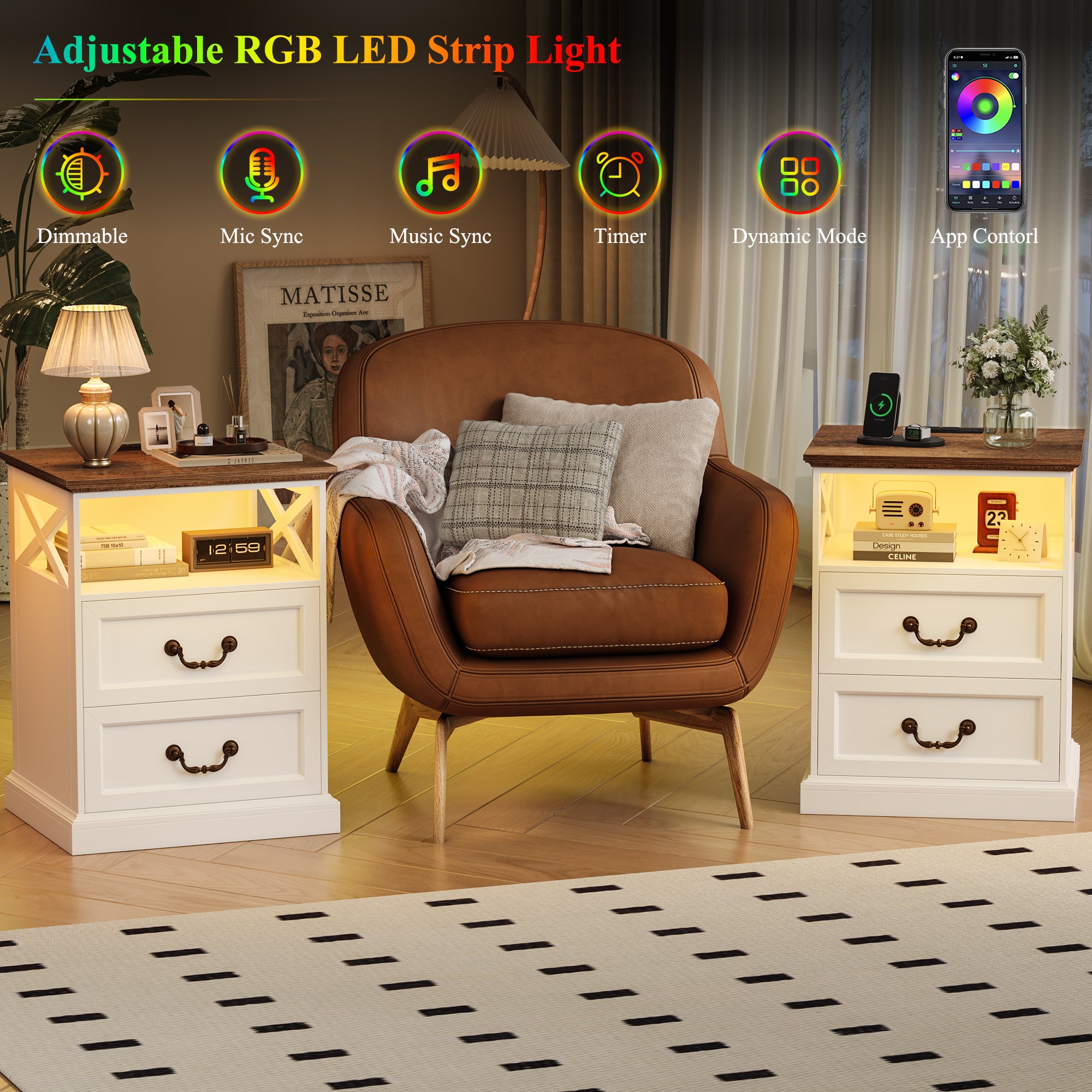 Hiphuta Farmhouse Set of 2 Nightstands with Charge Station, Wood End Table with 3 Drawers for Adult Bedroom, LEDS Bedside Table for Living Room, White