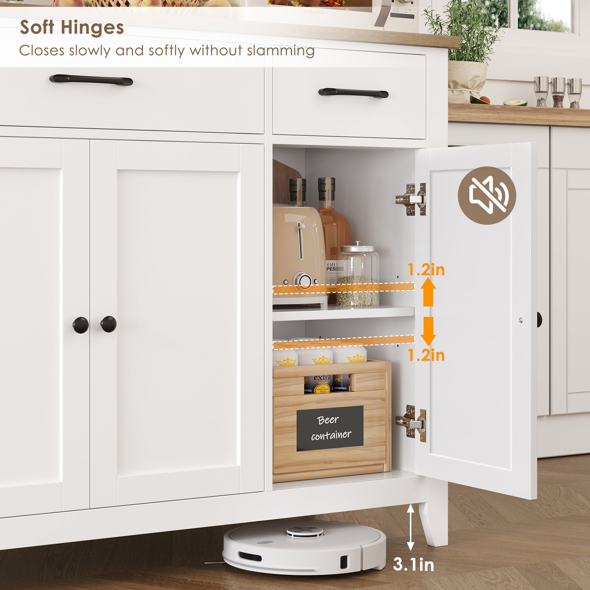 Hiphuta 55"Wide Buffet Cabinet with 2 Adjustable Shelves, Modern Farmhouse Coffee Bar with 3 Drawers and Sturdy Base for Living Room, White