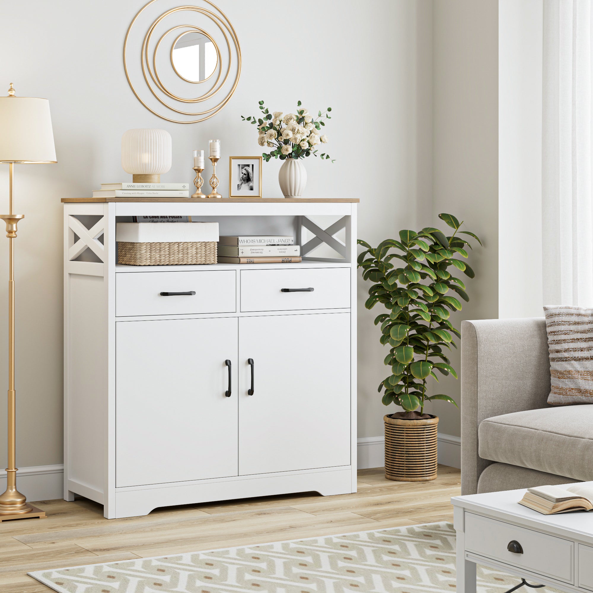 Hiphuta Modern Farmhouse Buffet Sideboard, Wood Cabinet with Shelves, Doors & 2 Drawers, Coffee Bar, Floor Cabinet Cupboard for Living Room, White