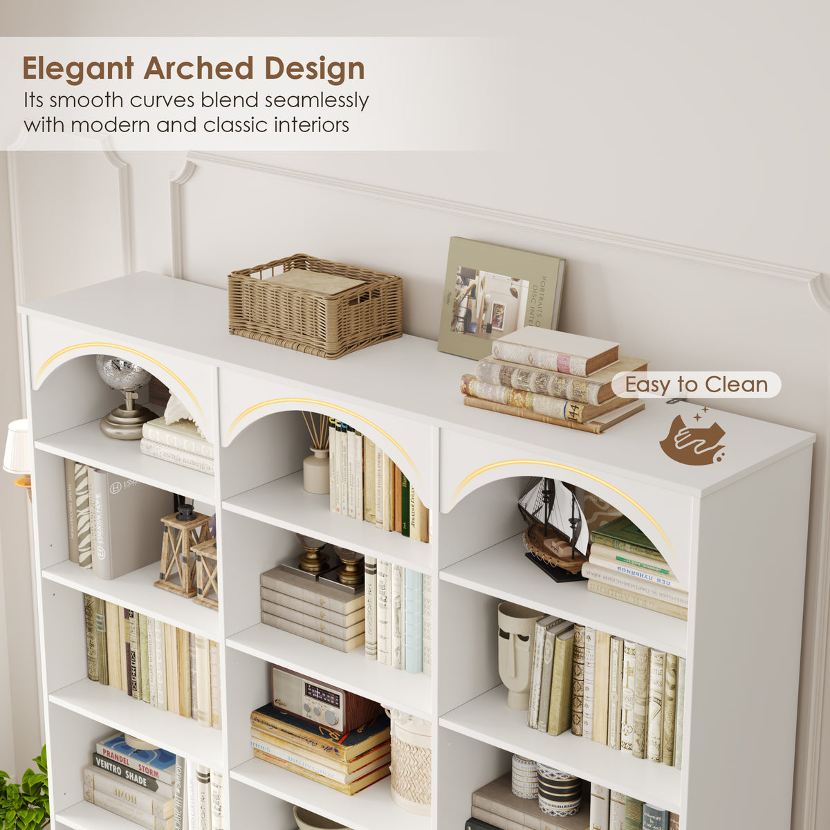 Hiphuta 78" Tall Triple Wide Bookcase with 6 Adjustable Shelves, Large Arched Book Shelf with 15 Cubes and 6 Doors, for Home Office Living Room, White & Walnut