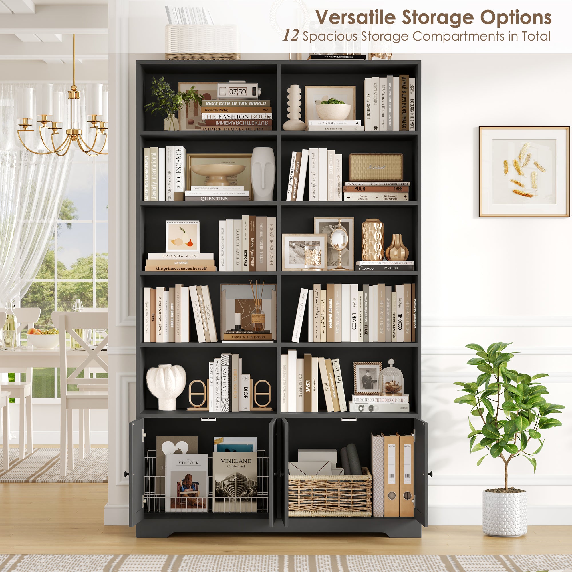Hiphuta 78"H x 47"W Bookcase with Doors, Tall Bookshelves with Storage, 5-Tier Shelves Freestanding Display Bookcase for Home Office and Living Room, Black