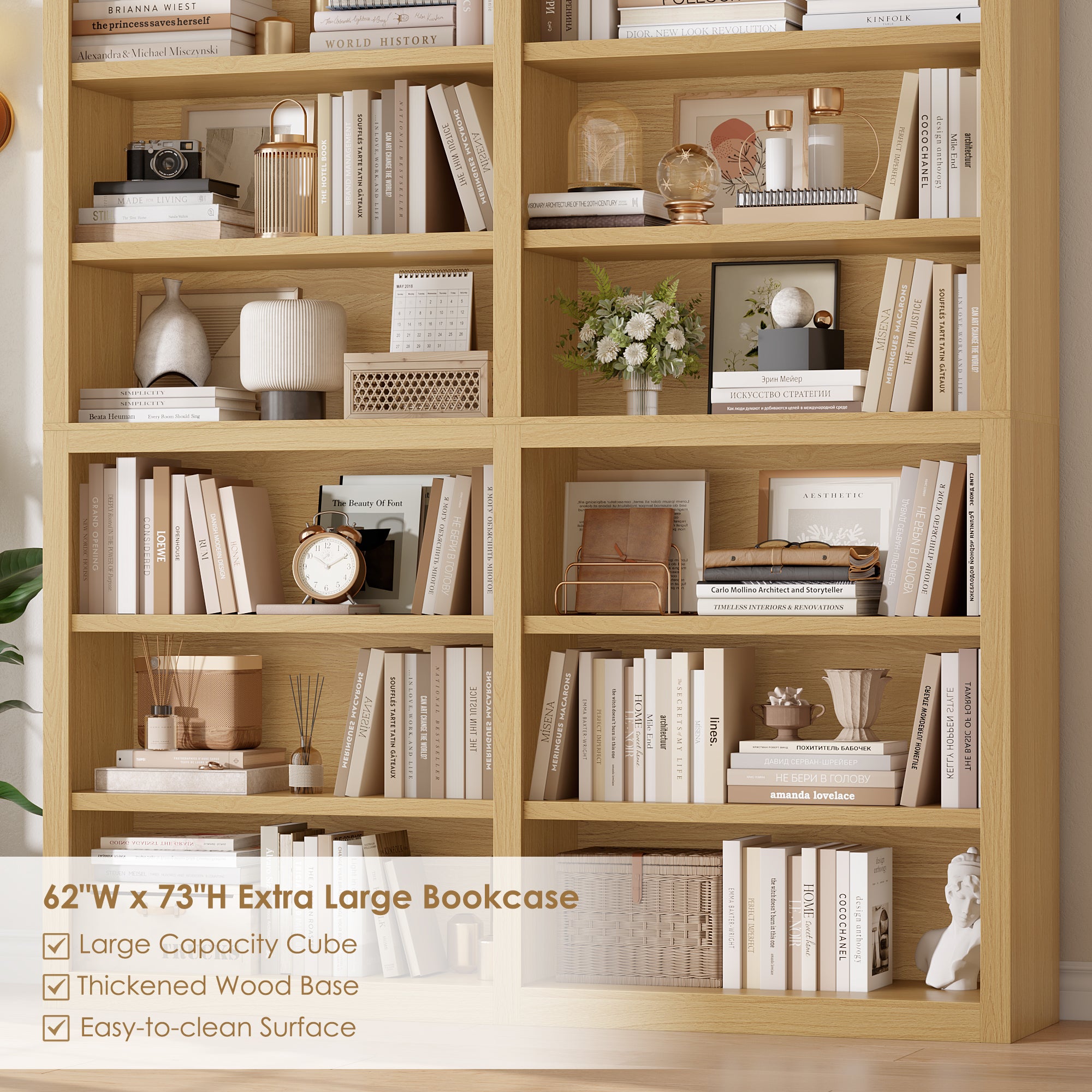 Hiphuta 63"W Extra Large and Sturdy Bookcase, Double Wide 6-Tier Bookshelf, Tall Bookcase for Home Office and Living Room, Wooden Freestanding Display Shelf, Natural