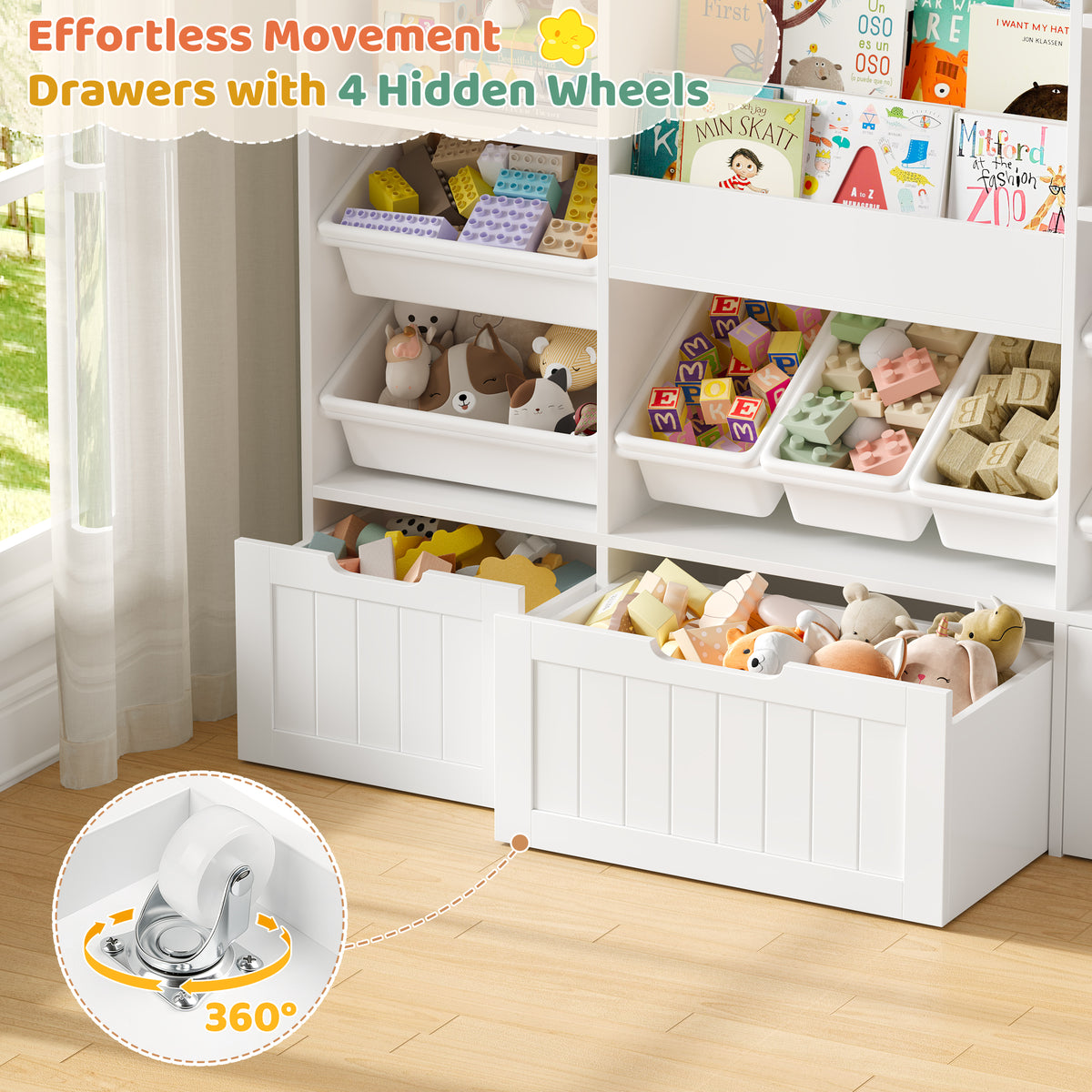 Hiphuta 56”W Kids Toy Storage Organizer with Bookshelf, 3 Removable Drawers & 7 Toy Boxes, Large Wood Toy Organizer for Playroom, Bedroom & Living Room, White